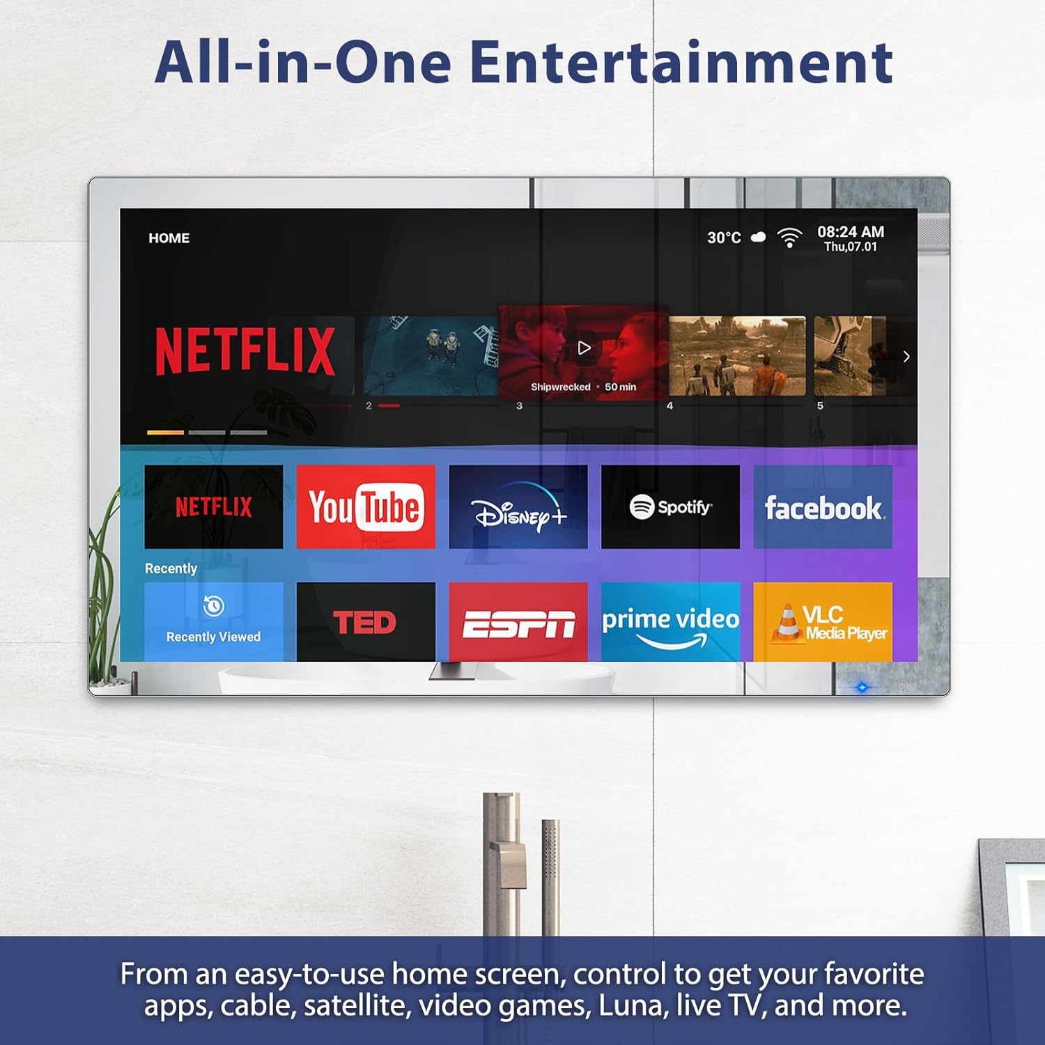 Haocrown 32 Inch Smart Bathroom TV 4K Ultra HD Android TV IP66 Waterproof Smart Mirror TV Google Assistant Built-in with Voice Remote,ATSC Tuner, Suitable for Bathroom Sauna(Black Frame,2024 Model) · v8