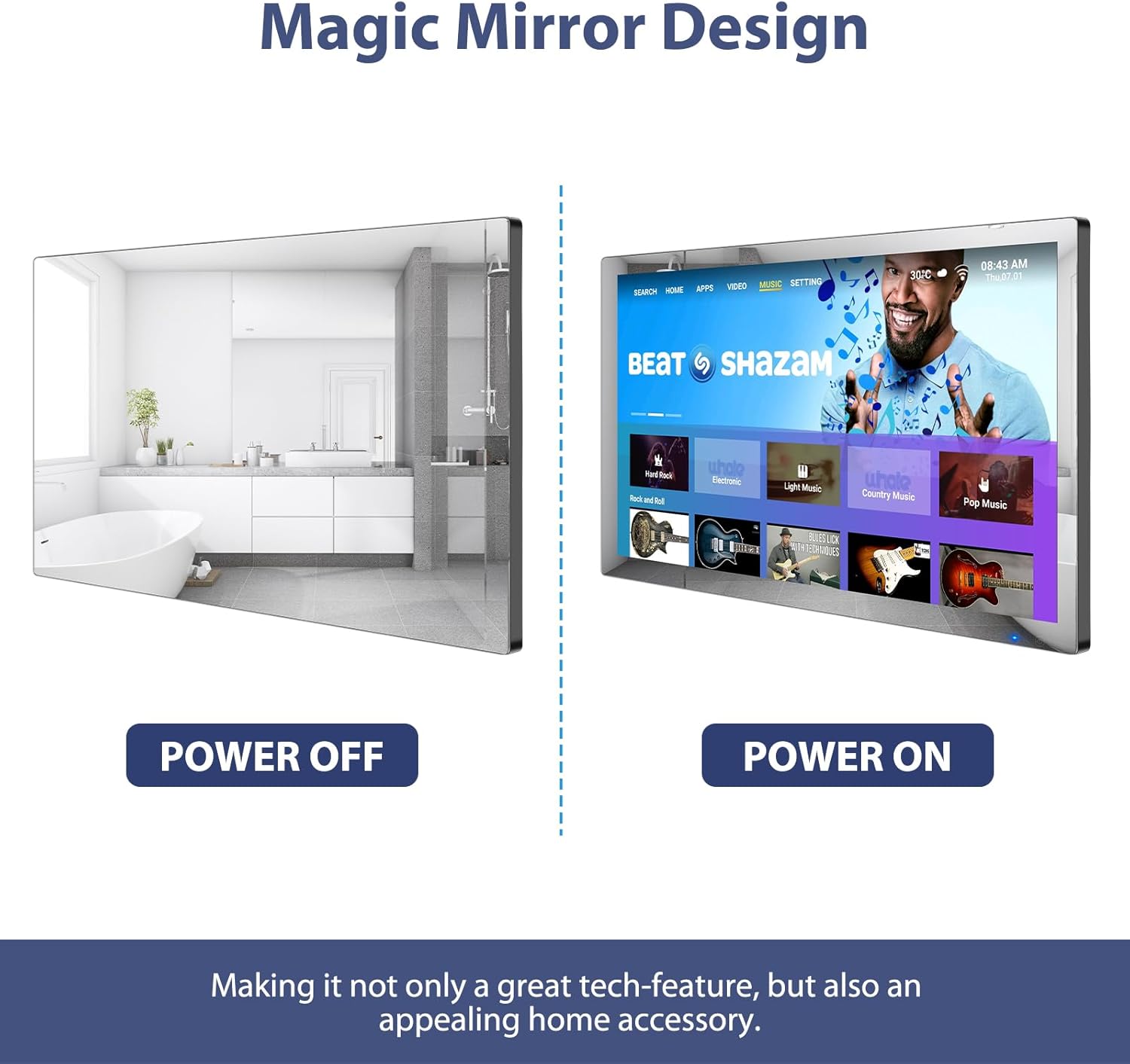 Haocrown 32 Inch Smart Bathroom TV 4K Ultra HD Android TV IP66 Waterproof Smart Mirror TV Google Assistant Built-in with Voice Remote,ATSC Tuner, Suitable for Bathroom Sauna(Black Frame,2024 Model) · v8