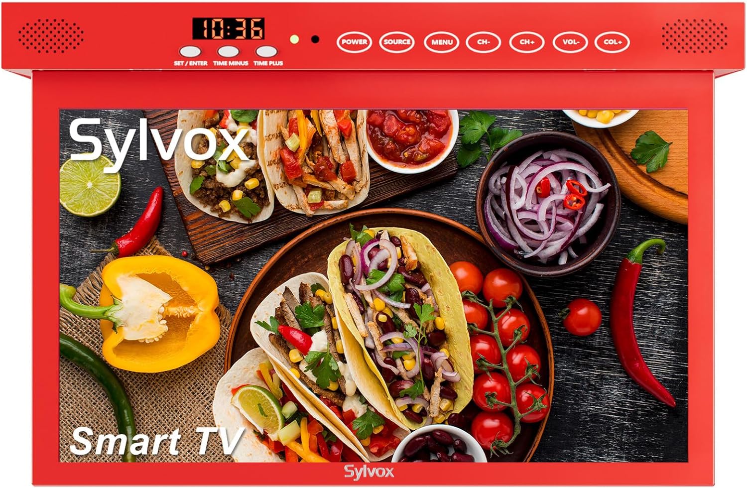 SYLVOX 15.6 스마트 구글 TV 캐비닛 TV 1080P, 회전식 플립 다운 WiFi 무선 연결 지원, 주방 침실 RV 요트를 위한 보관 디자인(레드)