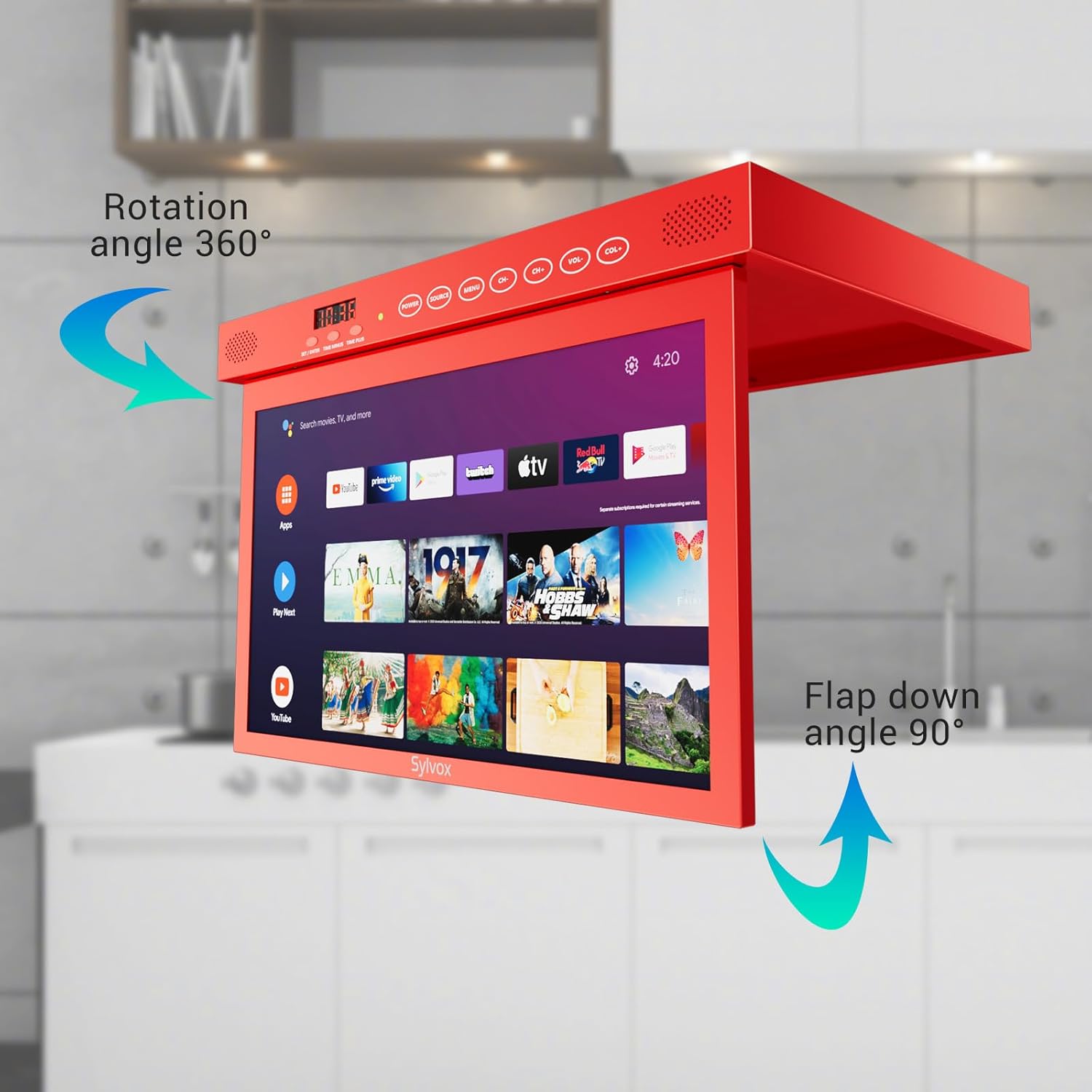 SYLVOX 15.6 Smart Google TV Under Cabinet TV 1080P, supporta la connessione wireless WiFi ruotabile e ribaltabile, design di archiviazione per cucina, camera da letto, camper e yacht (rosso)