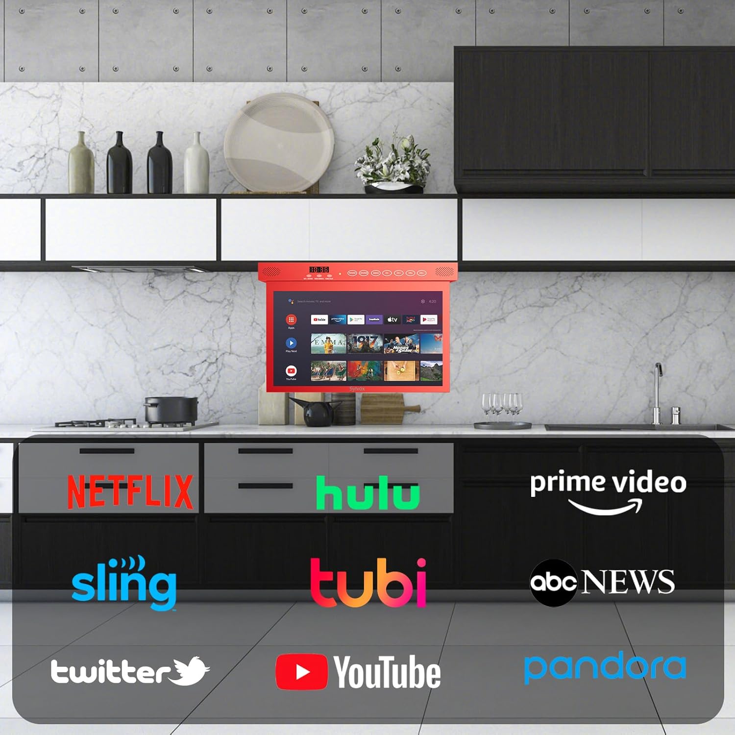 SYLVOX 15.6 Smart Google TV Under Cabinet TV 1080P, supporta la connessione wireless WiFi ruotabile e ribaltabile, design di archiviazione per cucina, camera da letto, camper e yacht (rosso)
