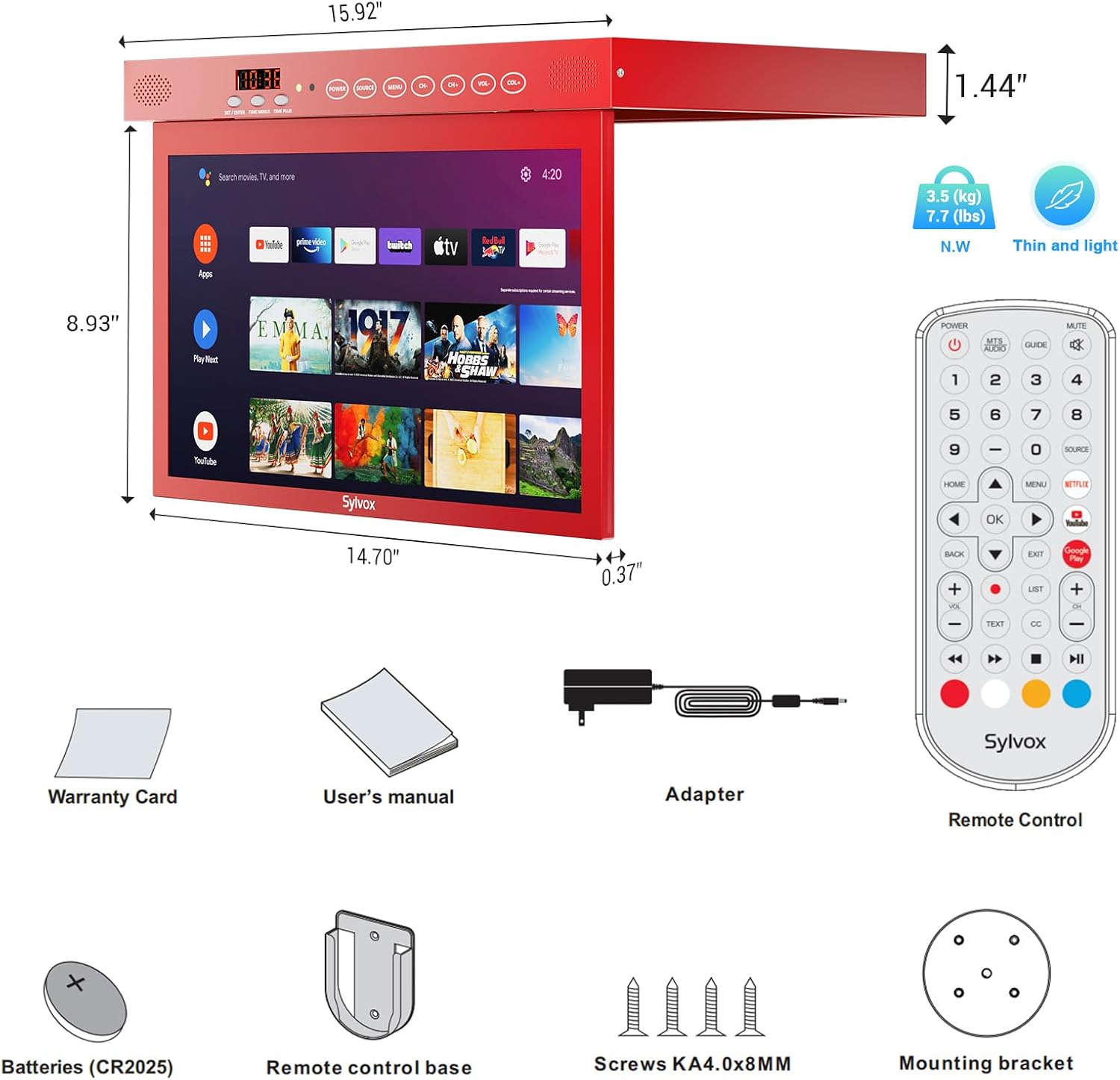 SYLVOX 15.6 Smart Google TV Under Cabinet TV 1080P, supporta la connessione wireless WiFi ruotabile e ribaltabile, design di archiviazione per cucina, camera da letto, camper e yacht (rosso)