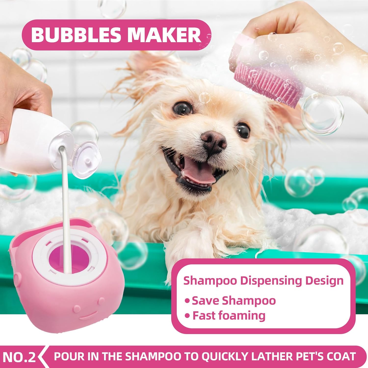 Bath Grooming Kit for Pets - Hair Brush Set with Towel, Washing Gloves, and Shampoo Scrubber Brush for Dogs and Cats (Pink) · v10