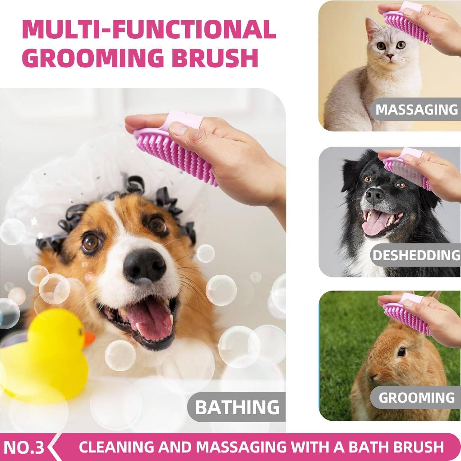 Bath Grooming Kit for Pets - Hair Brush Set with Towel, Washing Gloves, and Shampoo Scrubber Brush for Dogs and Cats (Pink) · v10