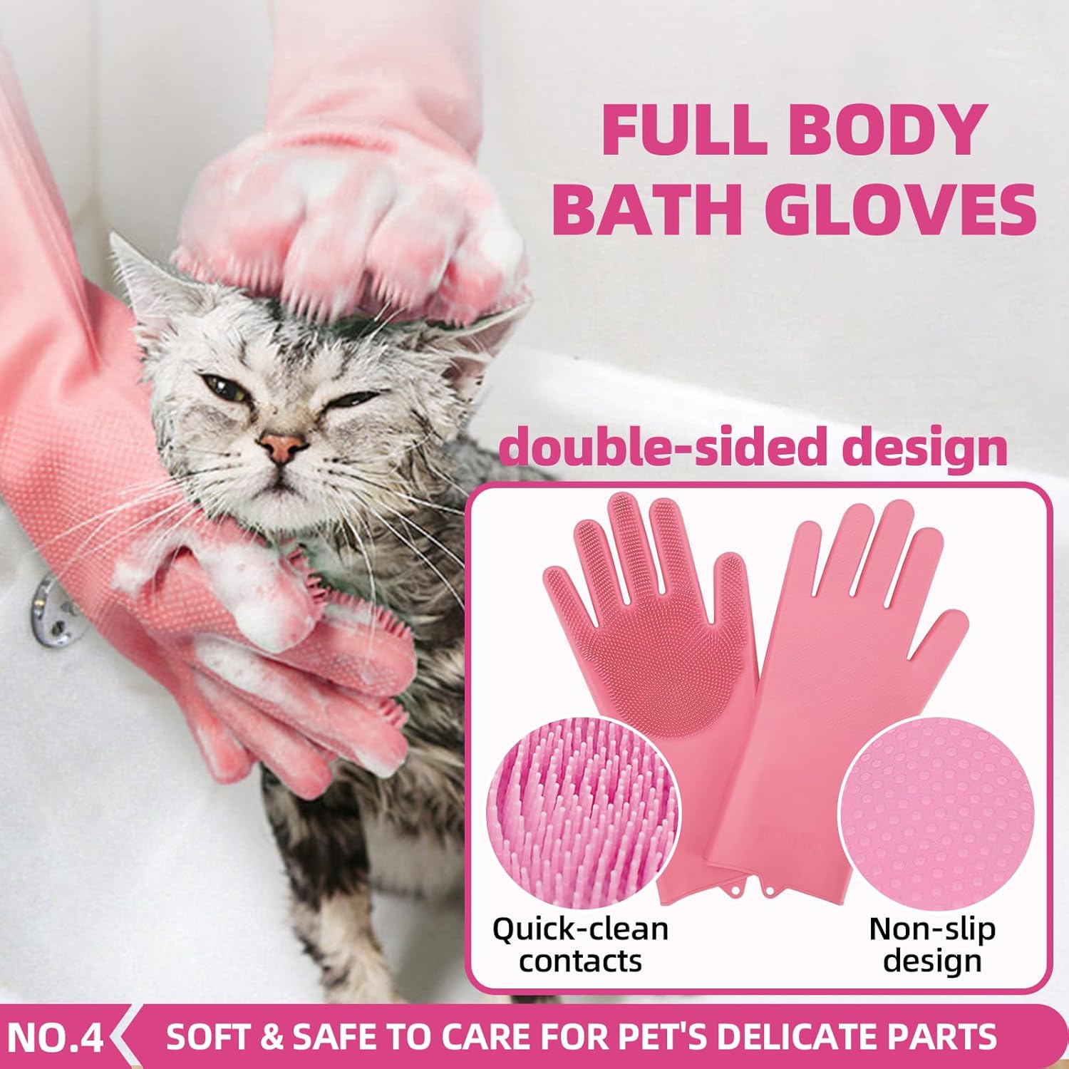 Bath Grooming Kit for Pets - Hair Brush Set with Towel, Washing Gloves, and Shampoo Scrubber Brush for Dogs and Cats (Pink) · v10