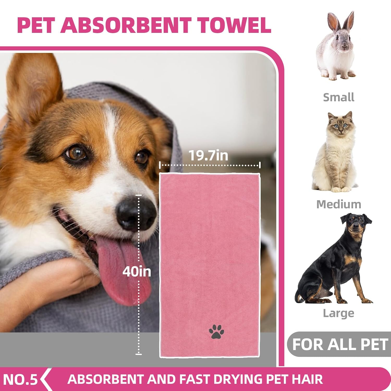 Bath Grooming Kit for Pets - Hair Brush Set with Towel, Washing Gloves, and Shampoo Scrubber Brush for Dogs and Cats (Pink) · v10