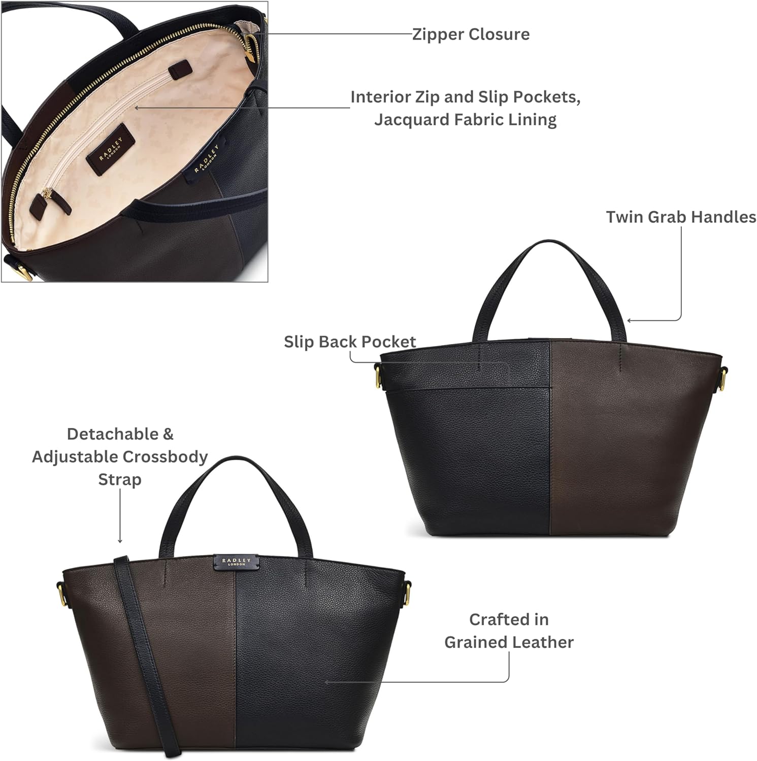 RADLEY London Dove Road กระเป๋าสะพายข้างหนังทรงสี่เหลี่ยมจัตุรัสขนาดกลางพร้อมซิปสำหรับผู้หญิง เหมาะเป็นกระเป๋าถือขนาดกลาง