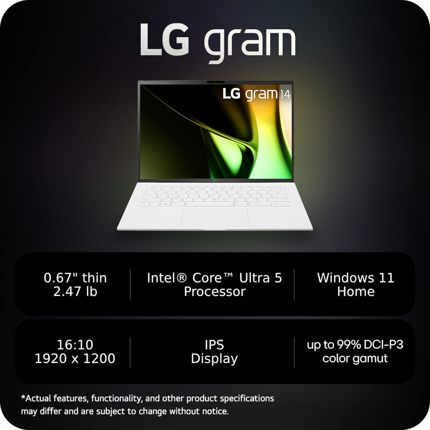 Ordinateur portable léger 14 pouces LG Gram, édition Intel Evo : processeur Intel Core Ultra 5, Windows 11 Home, 8 Go de RAM, 512 Go de SSD, blanc
