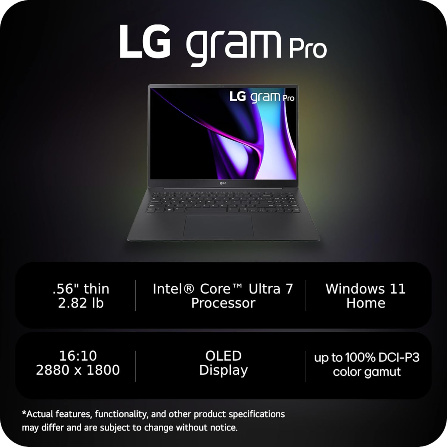 Laptop OLED sottile e leggero LG gram Pro da 16 pollici, Intel Evo Edition - Processore Intel Core Ultra 7, Windows 11 Home, 32 GB di RAM, SSD da 2 TB, nero