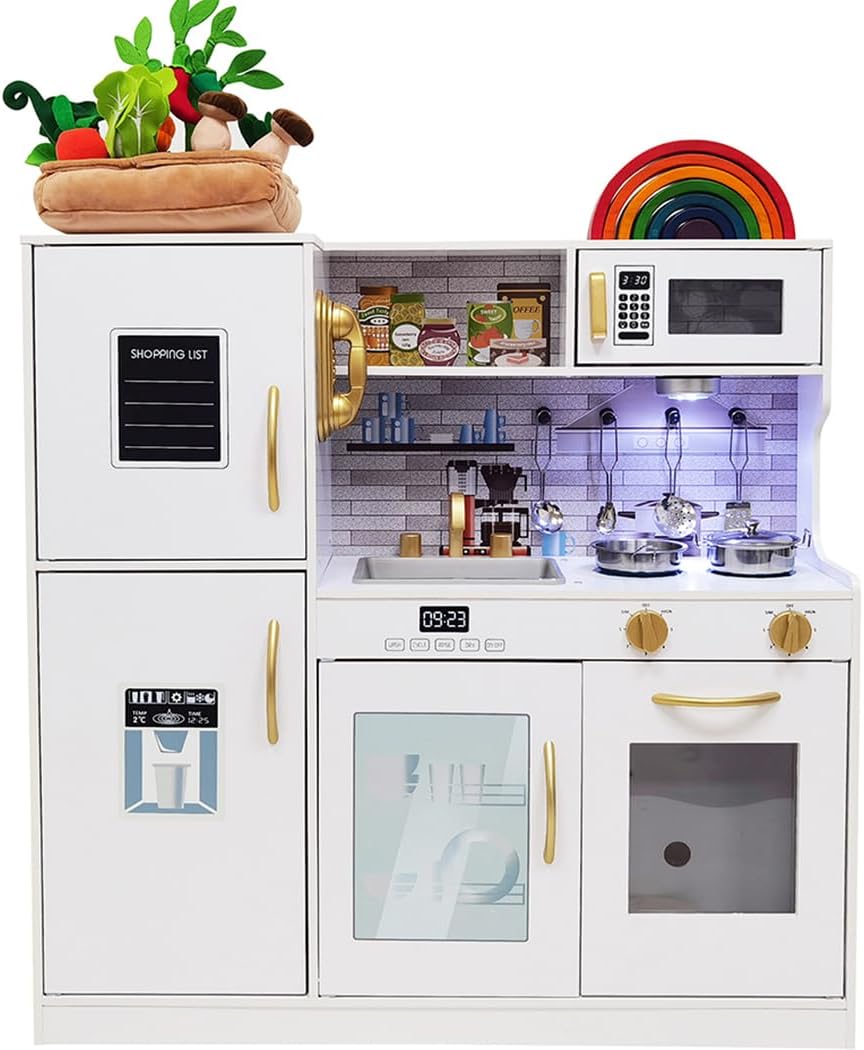Wooden Play Kitchen Toy Set with Light, Kids Children Pretend Toy Kitchen Playset, Sink with Faucet, Oven, Microwave, Kitchenware Set Accessories for Ages 3-8 Girls Boys · v5