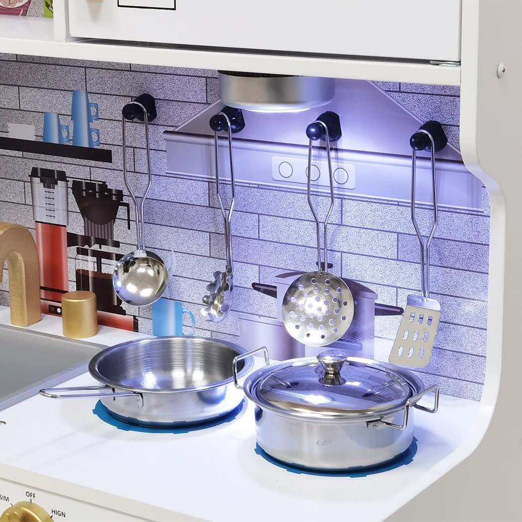 Wooden Play Kitchen Toy Set with Light, Kids Children Pretend Toy Kitchen Playset, Sink with Faucet, Oven, Microwave, Kitchenware Set Accessories for Ages 3-8 Girls Boys · v5