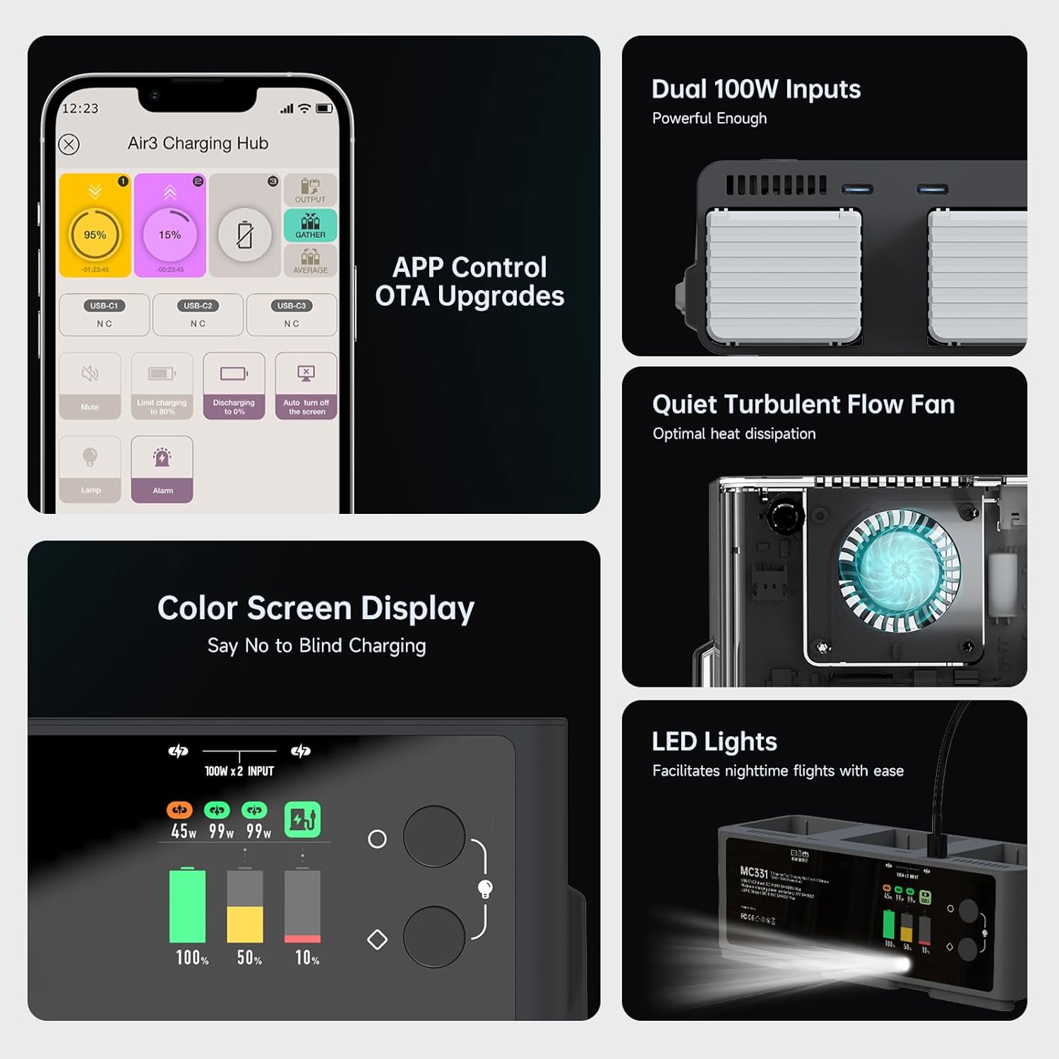 Caricabatterie intelligente DJI Air 3/3S da 200 W, tre canali, hub di ricarica USB veloce per drone Air 3 RC, display a LED, connessione app, funzione di scarica (senza batterie)