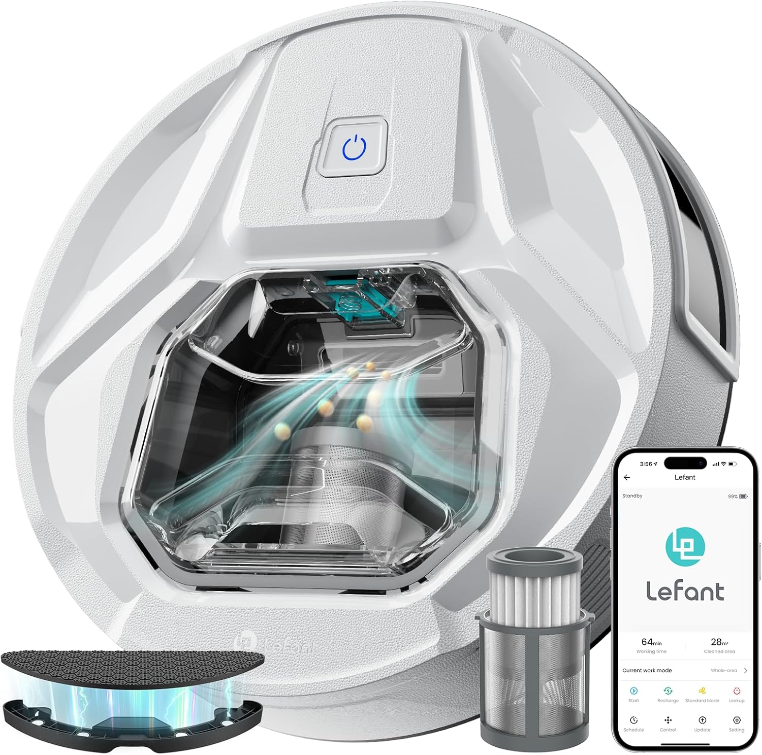 Robot aspirapolvere Lefant M320 con scopa, potente aspirazione 6000 Pa, 210 minuti di autonomia, super sottile, pattumiera visibile, rilevamento tappeti, controllo vocale Alexa, ideale per pavimenti duri e peli di animali domestici, bianco