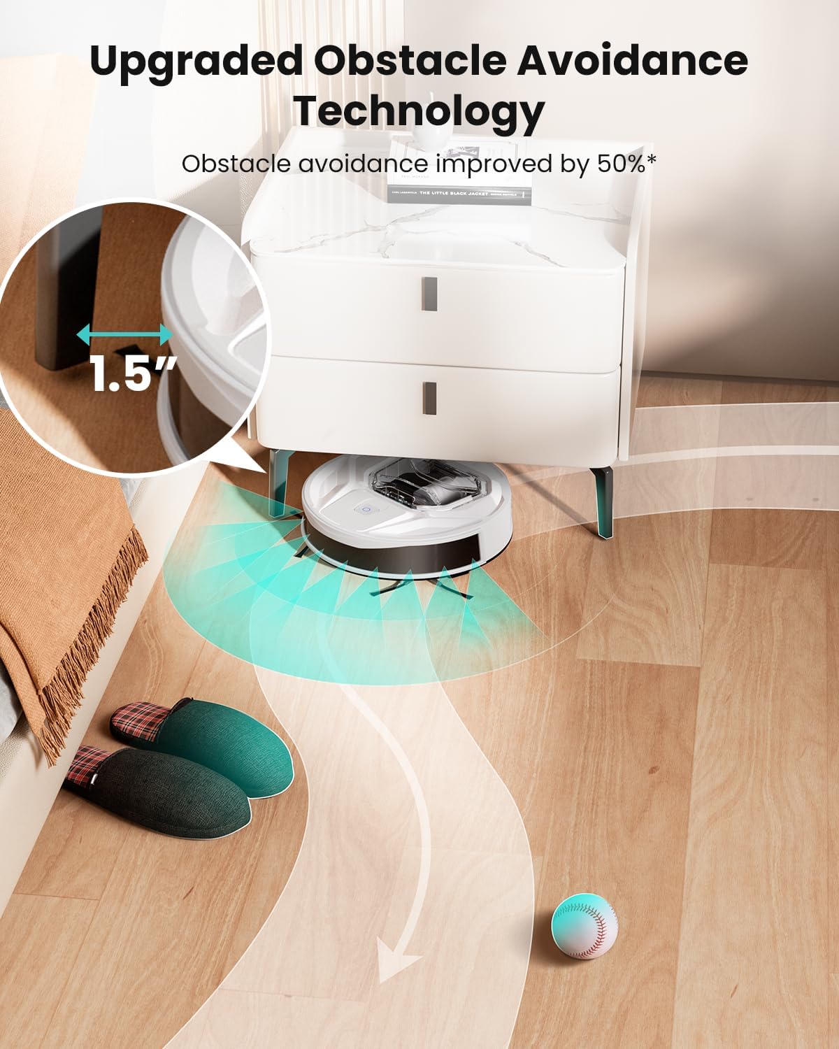 Robot aspirapolvere Lefant M320 con scopa, potente aspirazione 6000 Pa, 210 minuti di autonomia, super sottile, pattumiera visibile, rilevamento tappeti, controllo vocale Alexa, ideale per pavimenti duri e peli di animali domestici, bianco