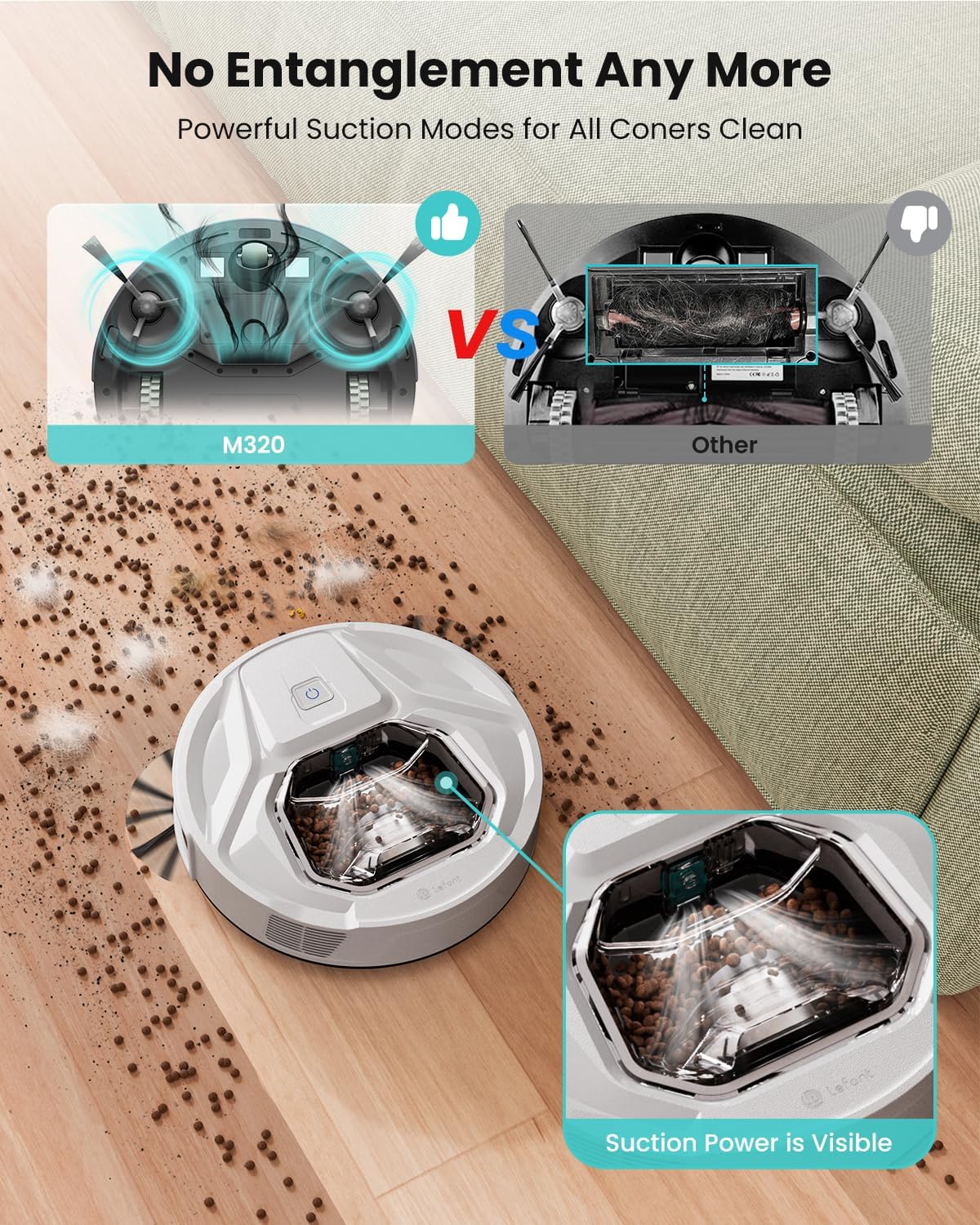 Robot aspirapolvere Lefant M320 con scopa, potente aspirazione 6000 Pa, 210 minuti di autonomia, super sottile, pattumiera visibile, rilevamento tappeti, controllo vocale Alexa, ideale per pavimenti duri e peli di animali domestici, bianco