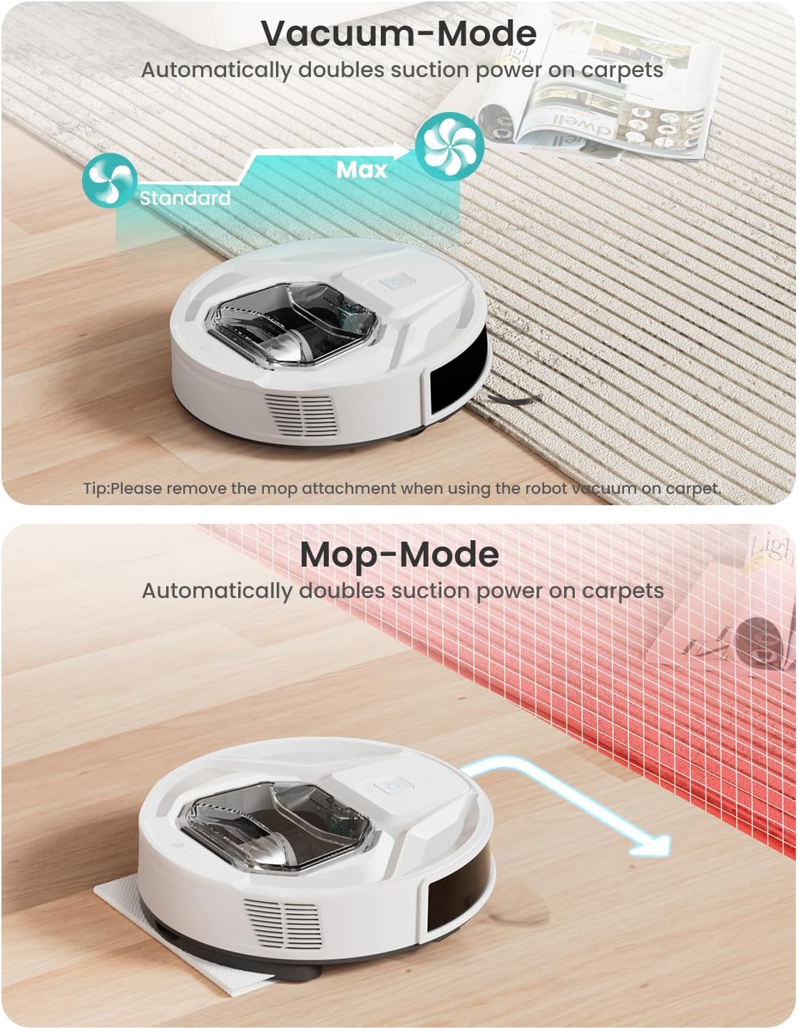 Robot aspirapolvere Lefant M320 con scopa, potente aspirazione 6000 Pa, 210 minuti di autonomia, super sottile, pattumiera visibile, rilevamento tappeti, controllo vocale Alexa, ideale per pavimenti duri e peli di animali domestici, bianco