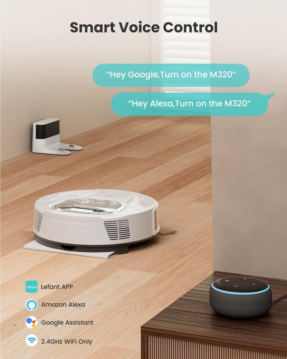 Robot aspirapolvere Lefant M320 con scopa, potente aspirazione 6000 Pa, 210 minuti di autonomia, super sottile, pattumiera visibile, rilevamento tappeti, controllo vocale Alexa, ideale per pavimenti duri e peli di animali domestici, bianco