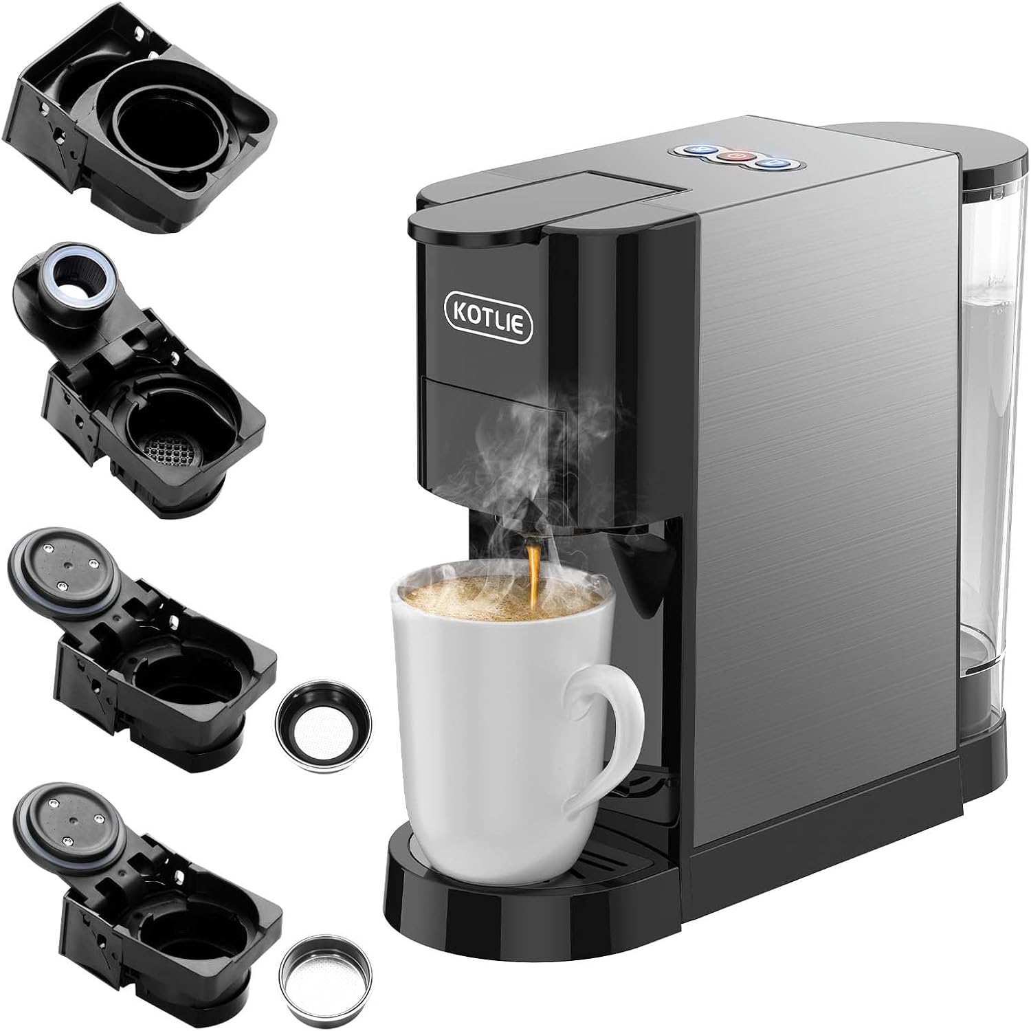 เครื่องชงกาแฟ KOTLIE แบบเสิร์ฟครั้งเดียว เครื่องชงเอสเพรสโซ 19 บาร์ เครื่องชงกาแฟ 4in1 สำหรับแคปซูล K-cup/แคปซูล Nespresso ดั้งเดิม/กาแฟบด/กาแฟ ESE 44 มม. (AC-513H)