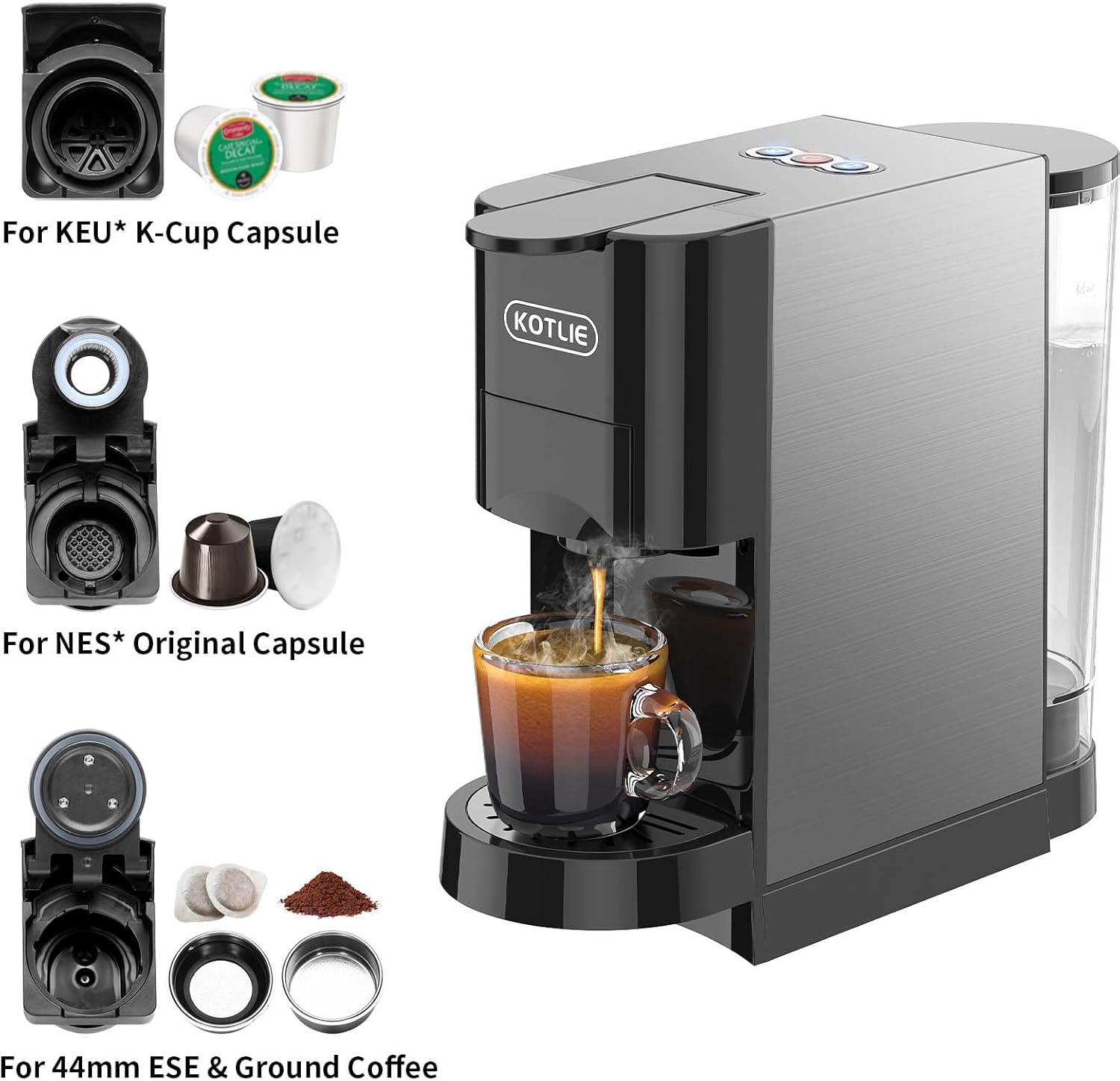 เครื่องชงกาแฟ KOTLIE แบบเสิร์ฟครั้งเดียว เครื่องชงเอสเพรสโซ 19 บาร์ เครื่องชงกาแฟ 4in1 สำหรับแคปซูล K-cup/แคปซูล Nespresso ดั้งเดิม/กาแฟบด/กาแฟ ESE 44 มม. (AC-513H)