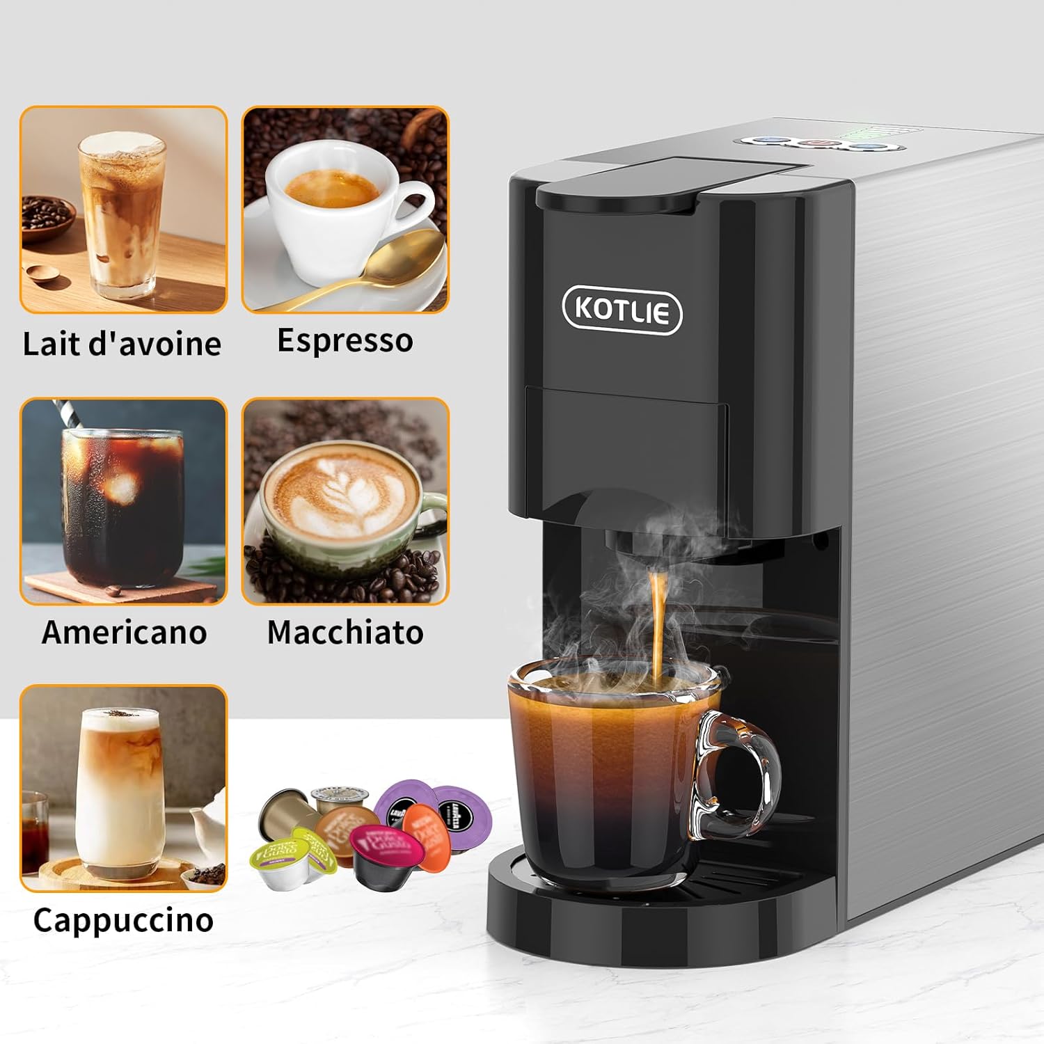 KOTLIE 19Bar Espresso Machine,5in1 Single Serve Coffee Maker for Nespresso Original/Dolce Gusto/K cups/LOR/Ground Coffee/illy 44mm ESE,HotCold Brew Coffee Machine,Level 7 water volume · v2