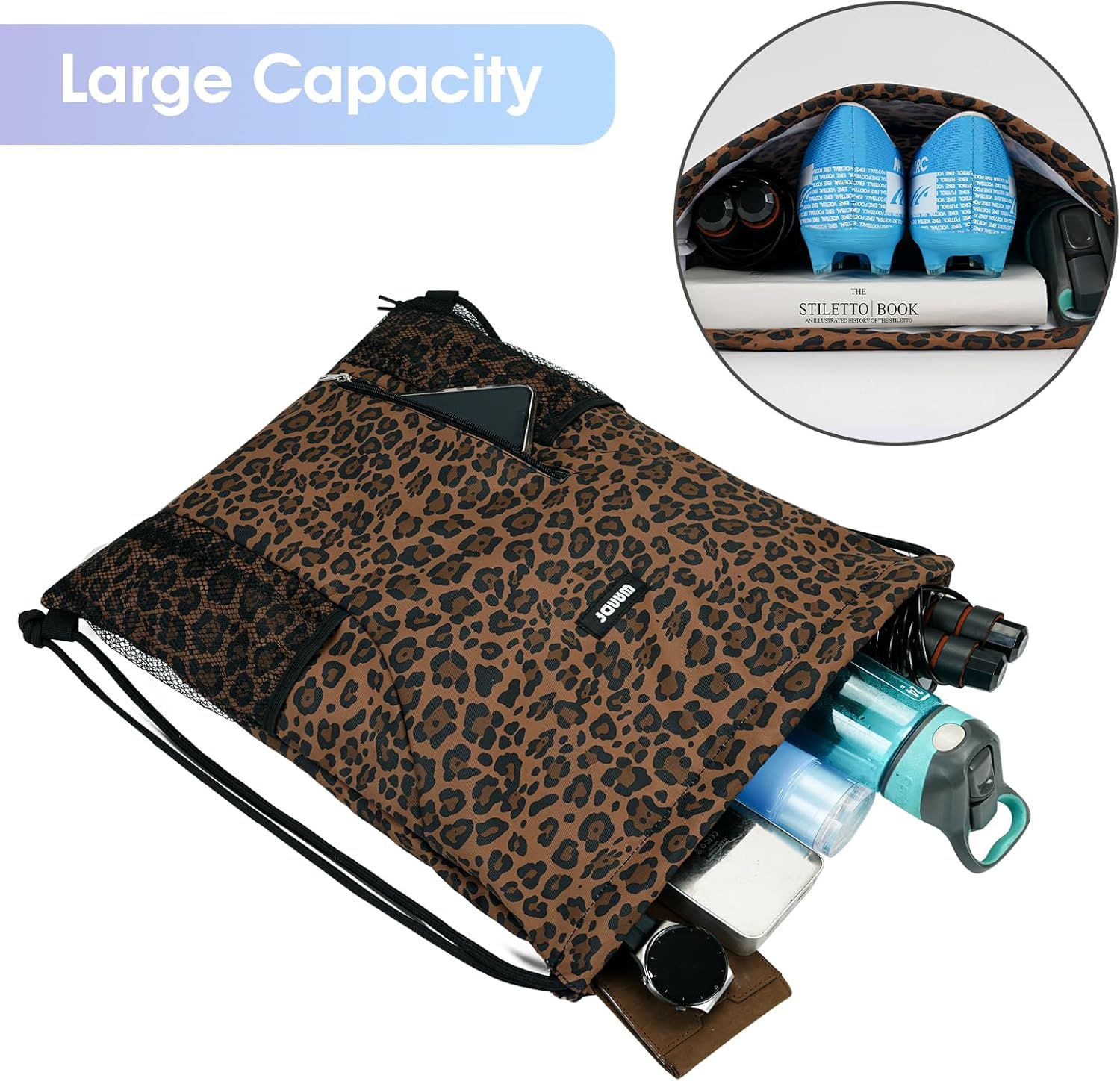 WANDF Rucksack mit Kordelzug, Sport- und Fitness-Rucksack mit Netztaschen, wasserfeste Tragetasche für Damen und Herren (brauner Leopard)