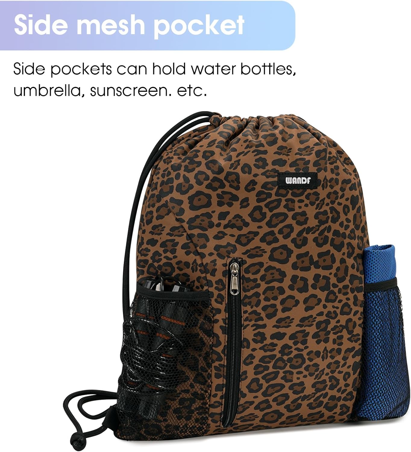 WANDF Rucksack mit Kordelzug, Sport- und Fitness-Rucksack mit Netztaschen, wasserfeste Tragetasche für Damen und Herren (brauner Leopard)