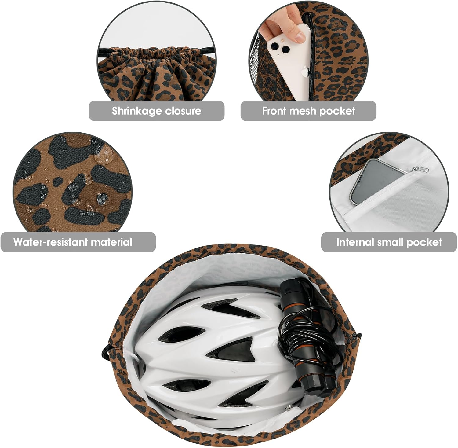 WANDF Rucksack mit Kordelzug, Sport- und Fitness-Rucksack mit Netztaschen, wasserfeste Tragetasche für Damen und Herren (brauner Leopard)