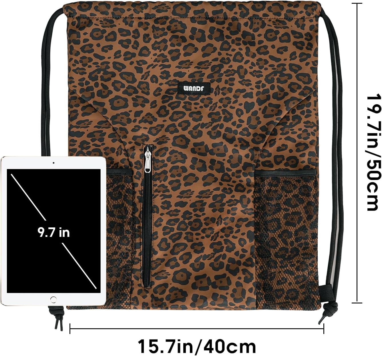 WANDF Rucksack mit Kordelzug, Sport- und Fitness-Rucksack mit Netztaschen, wasserfeste Tragetasche für Damen und Herren (brauner Leopard)