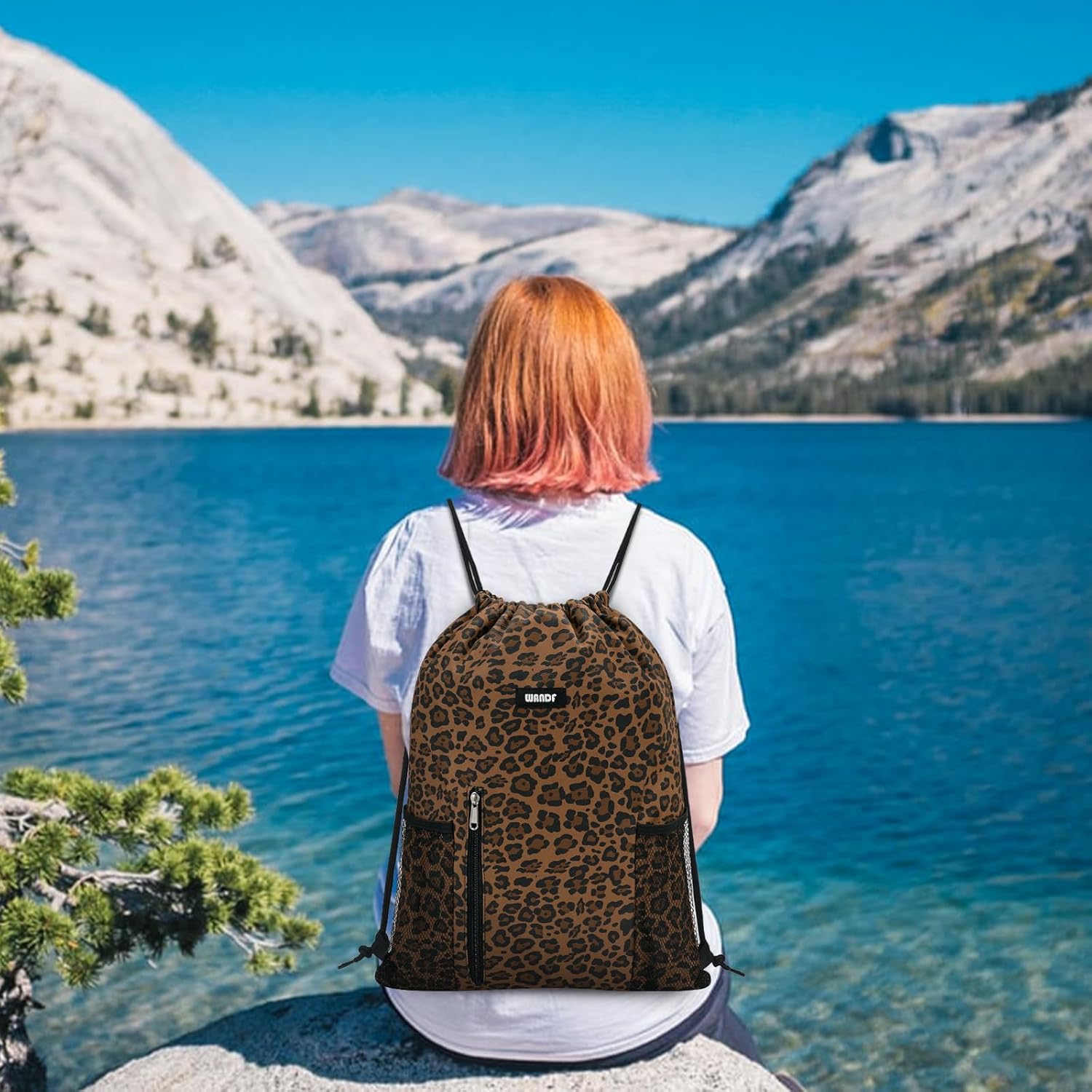 WANDF Rucksack mit Kordelzug, Sport- und Fitness-Rucksack mit Netztaschen, wasserfeste Tragetasche für Damen und Herren (brauner Leopard)