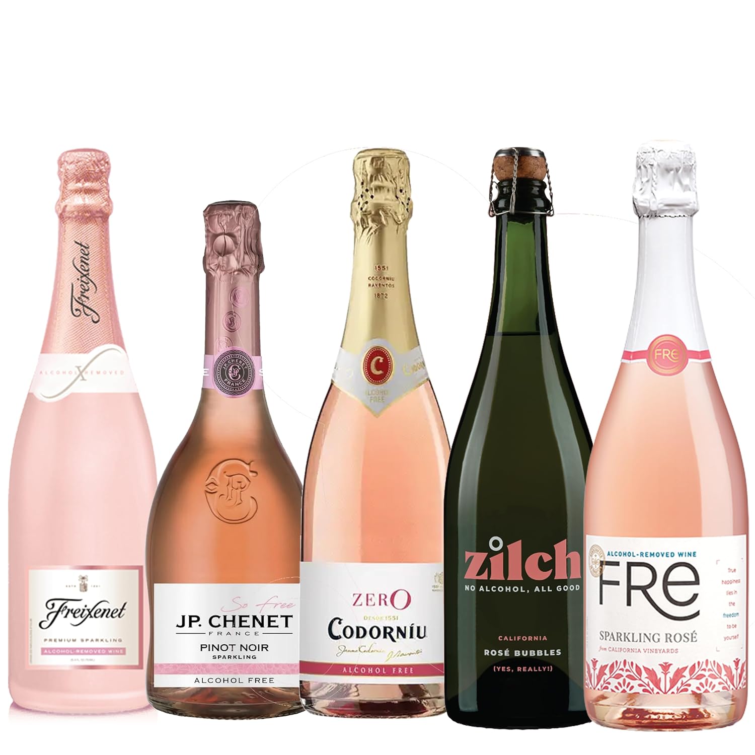 Le pack de 5 vins rosés mousseux sans alcool Date Night Mixed comprend JP Chenet, Freixenet, Zilch, Codorniu et 750 ml de champagne désalcoolisé sans alcool