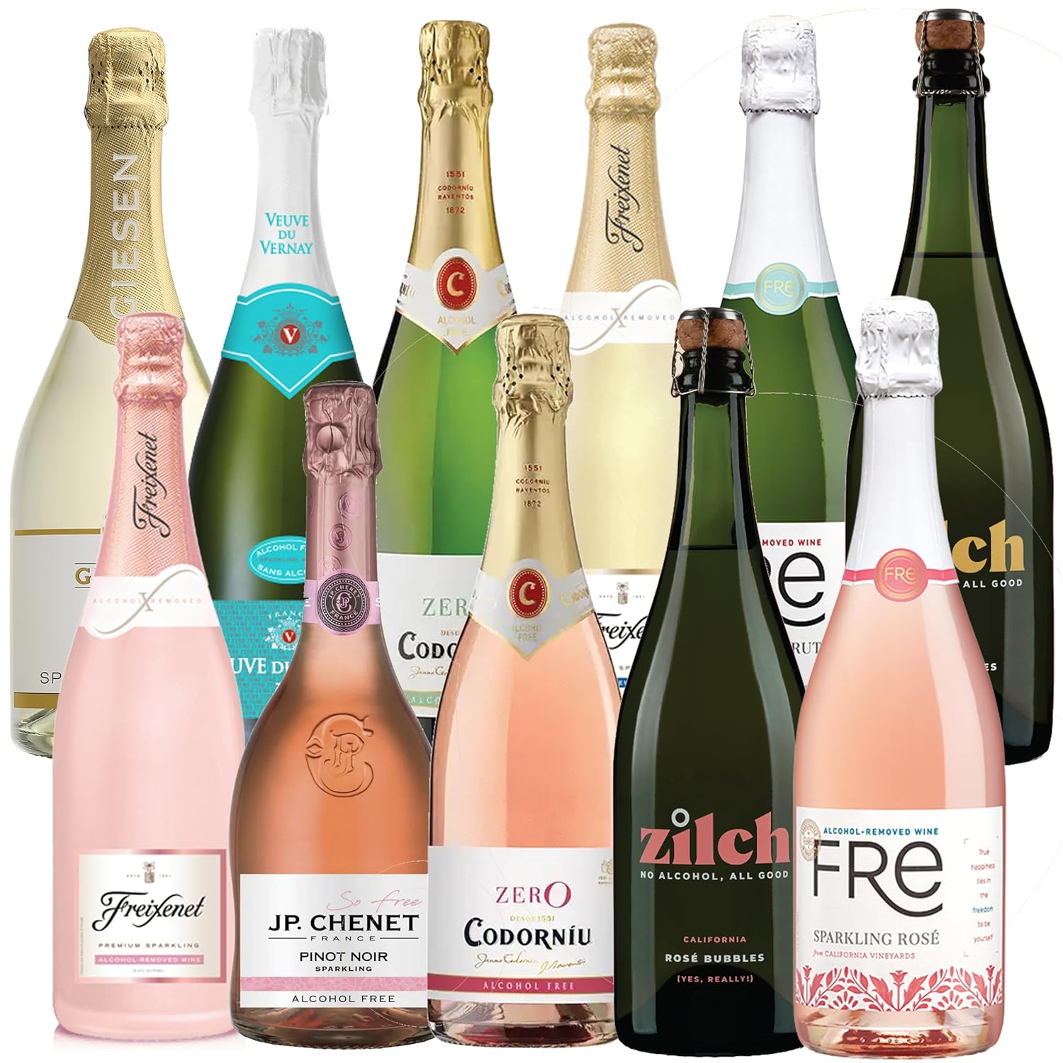 Le pack de 11 vins rosés mousseux et mousseux sans alcool Date Night Mixed comprend Freixenet, Zilch, Codorniu, Giesen, Veuve du Vernay, J.P. Chenet et 750 ml de champagne désalcoolisé sans alcool