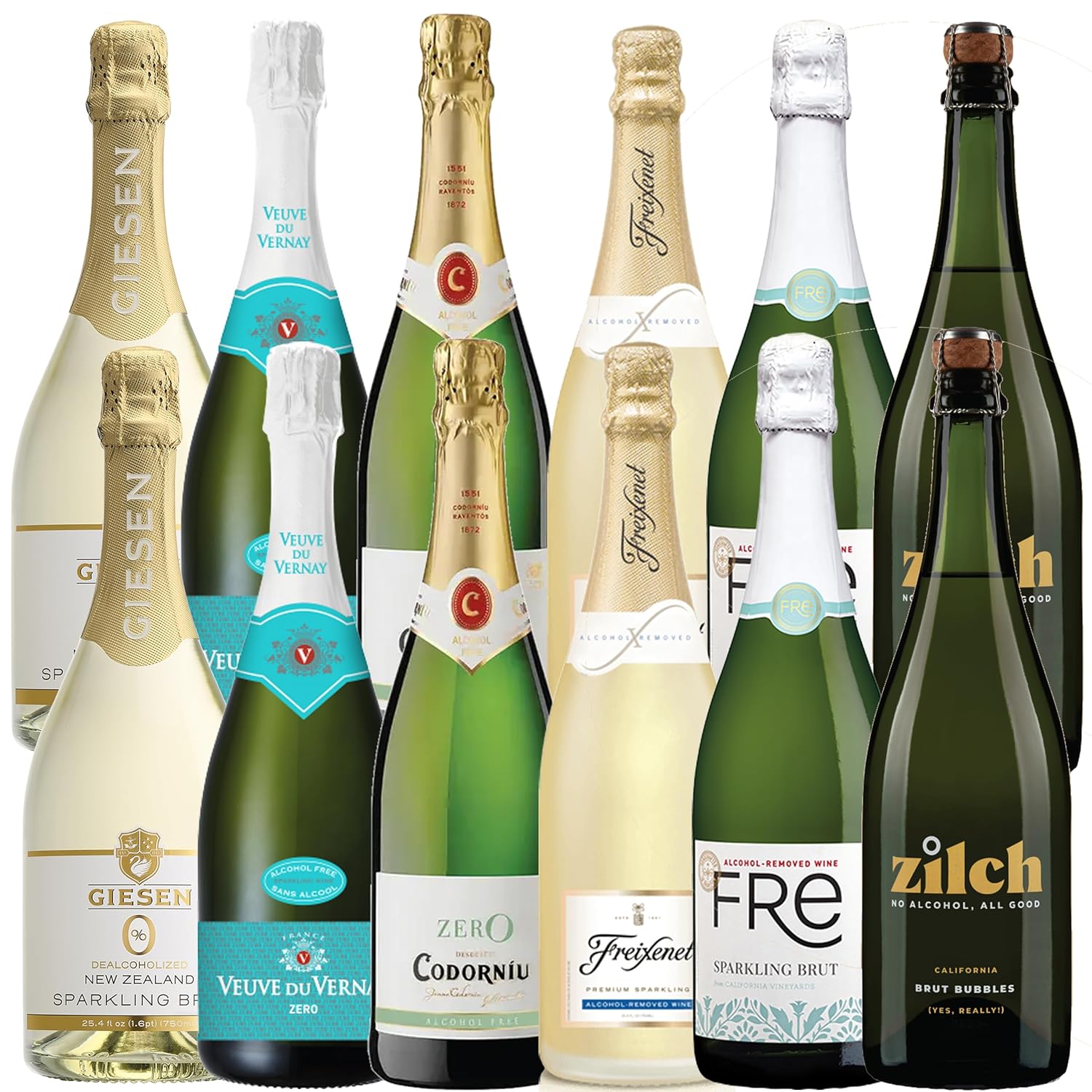 Sparkling Non-Alcoholic Wine Date Night Mixed 12 Pack Includes Freixenet, Zilch, Codorniu, Giesen, Veuve du Vernay and Fre 750ml Zero Alcohol Dealcoholized Champagne · v2