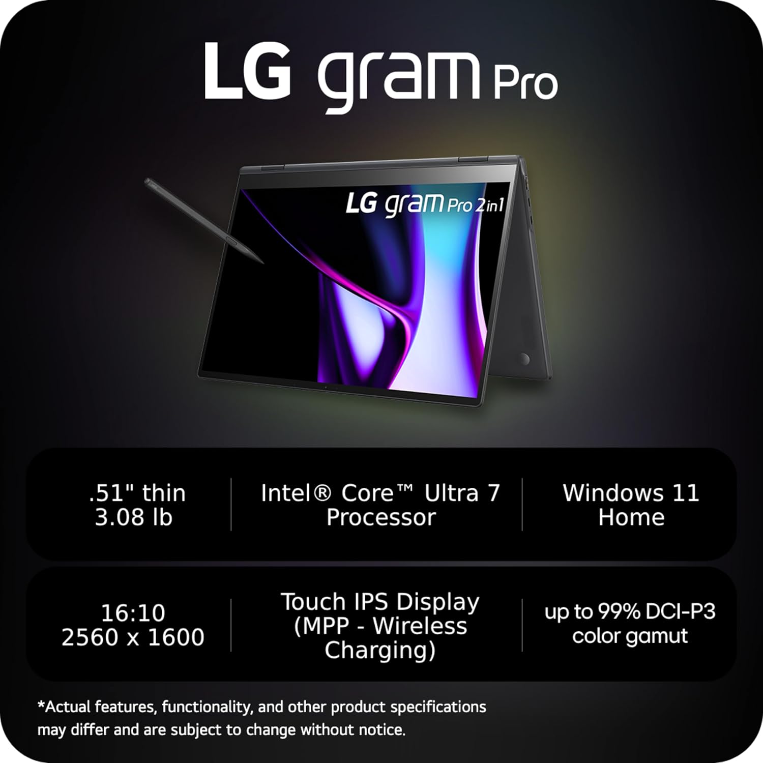 LG gram Pro 2 in1 16-inch Lightweight and Versatile Laptop, Intel Evo Edition - Intel Core Ultra 7, 16GB RAM, 1TB SSD, Black · v3