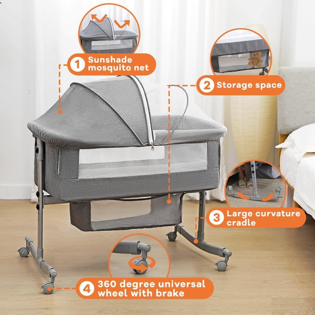 Bedside Crib for Baby, 3 in 1 Bassinet with Large Curvature Cradle, Bedside Sleeper Adjustable and Movable Beside Bassinet with Mosquito Nets, Safety Certificattion Guarantee (Grey)