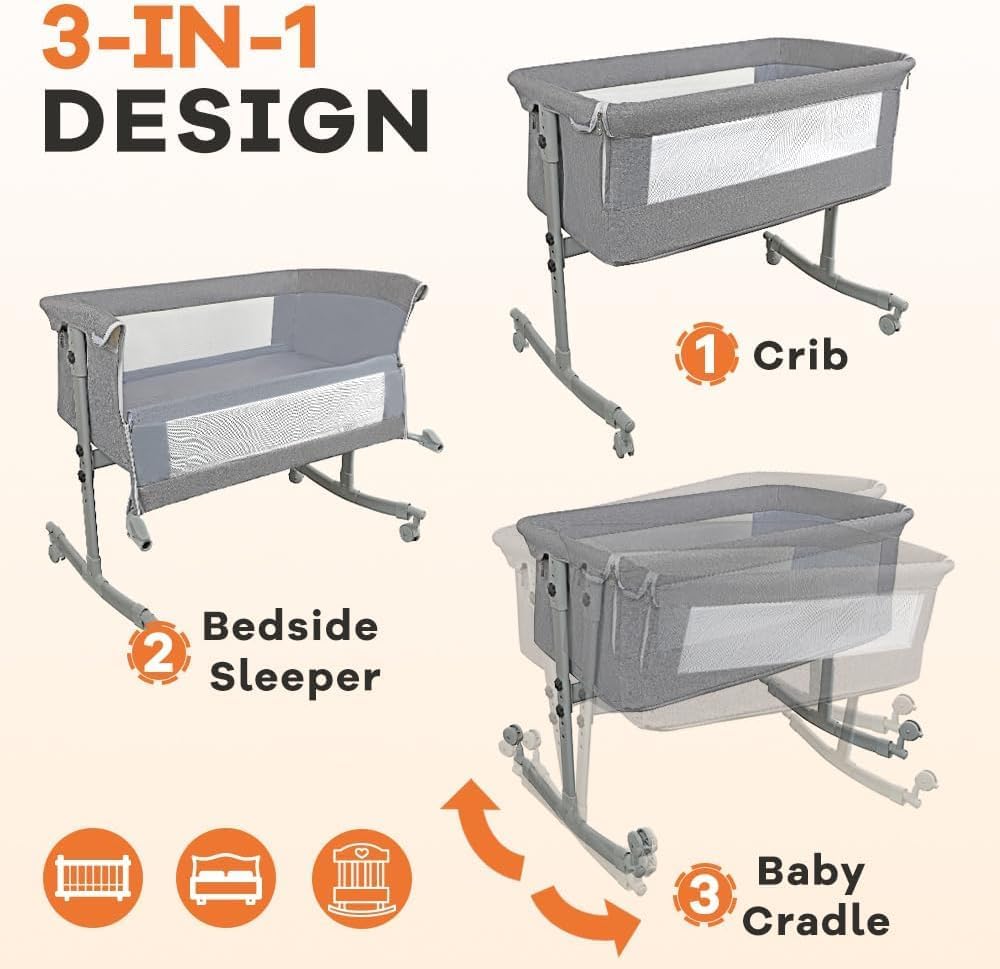 Bedside Crib for Baby, 3 in 1 Bassinet with Large Curvature Cradle, Bedside Sleeper Adjustable and Movable Beside Bassinet with Mosquito Nets, Safety Certificattion Guarantee (Grey)