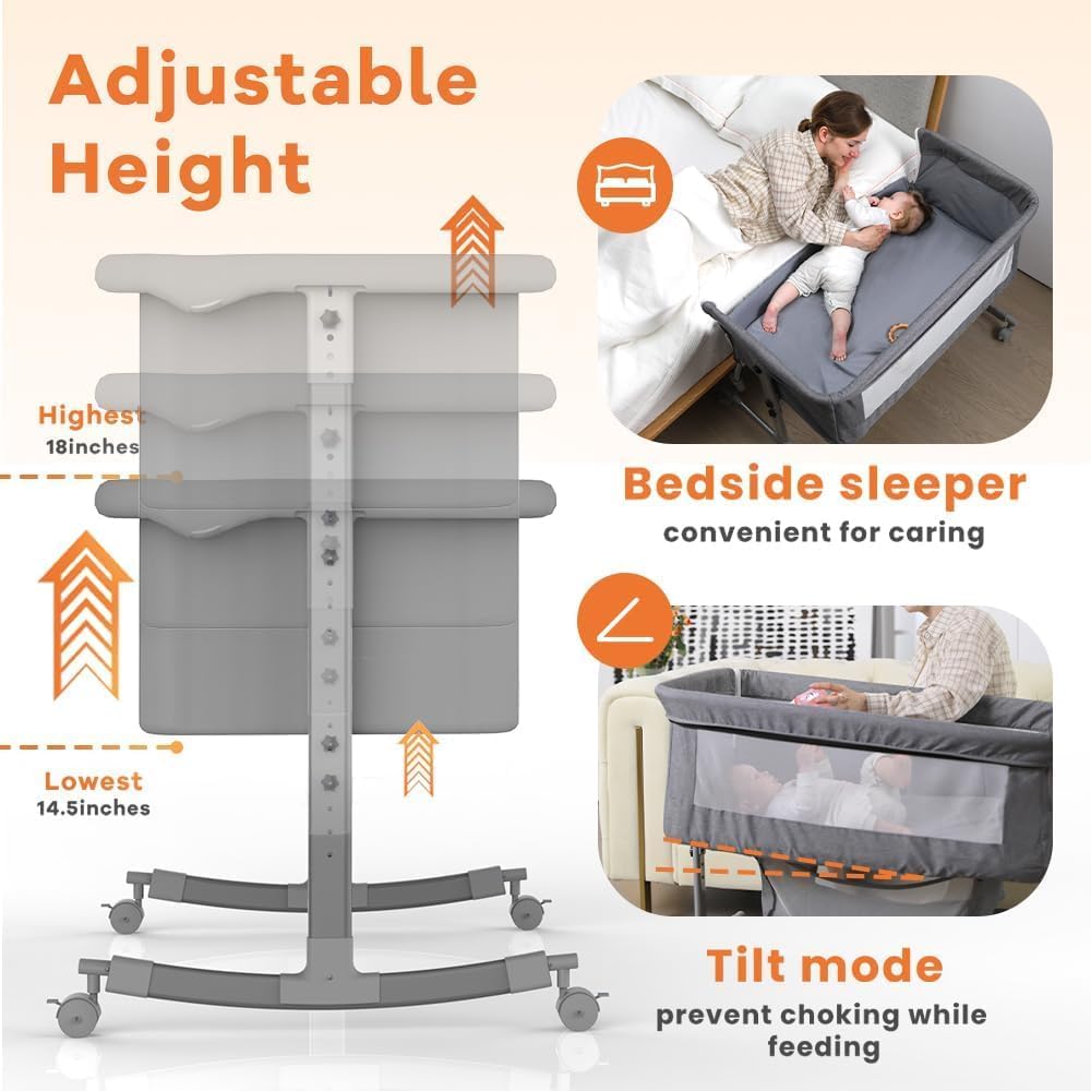 Bedside Crib for Baby, 3 in 1 Bassinet with Large Curvature Cradle, Bedside Sleeper Adjustable and Movable Beside Bassinet with Mosquito Nets, Safety Certificattion Guarantee (Grey)
