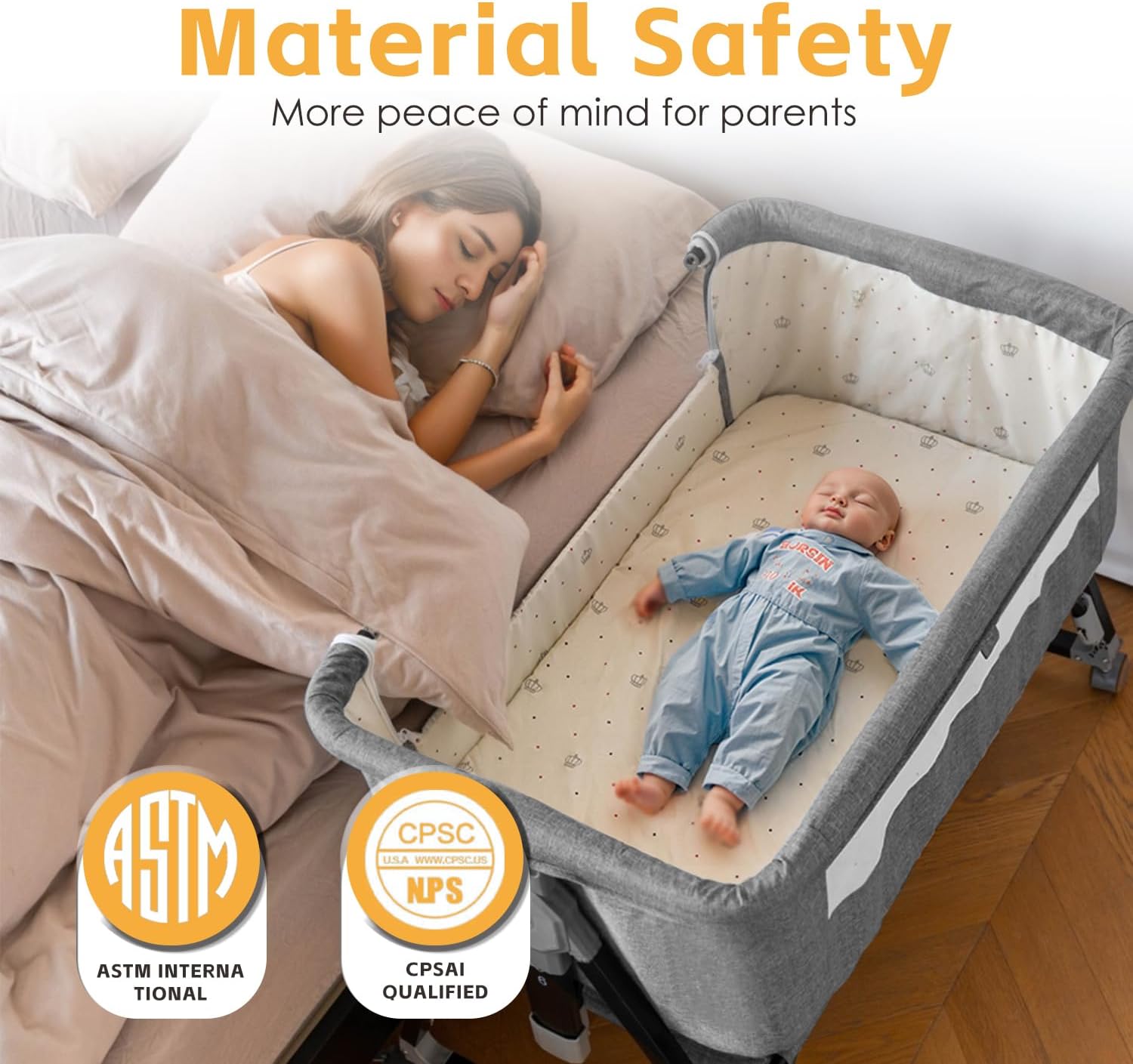 Culla sul comodino, culla 3 in 1 con regolazione rapida dell'altezza e zanzariere, facile da piegare, culla laterale portatile con struttura a triangolo dorato, certificazione CPSC