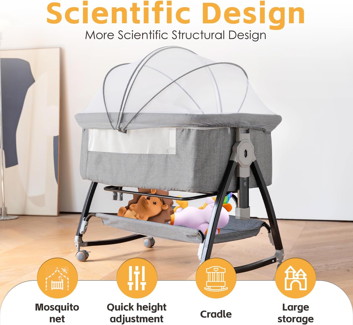 Culla sul comodino, culla 3 in 1 con regolazione rapida dell'altezza e zanzariere, facile da piegare, culla laterale portatile con struttura a triangolo dorato, certificazione CPSC