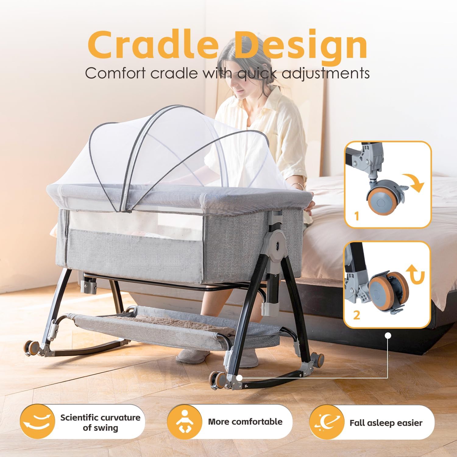 Culla sul comodino, culla 3 in 1 con regolazione rapida dell'altezza e zanzariere, facile da piegare, culla laterale portatile con struttura a triangolo dorato, certificazione CPSC