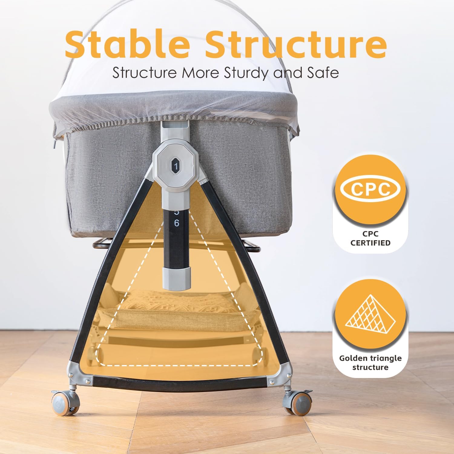 Culla sul comodino, culla 3 in 1 con regolazione rapida dell'altezza e zanzariere, facile da piegare, culla laterale portatile con struttura a triangolo dorato, certificazione CPSC
