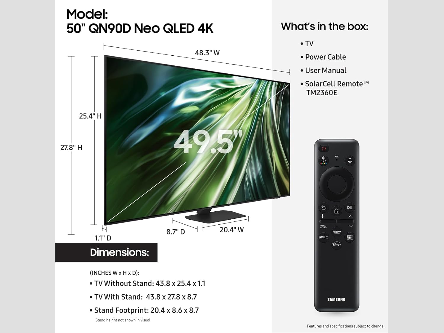 SAMSUNG 50-Inch Class QLED 4K QN90D Series Neo Quantum HDR Smart TV w/Dolby Atmos, Object Tracking Sound Lite, Motion Xcelerator, Real Depth Enhancer Pro, Alexa Built-in (QN50QN90D, 2024 Model)
