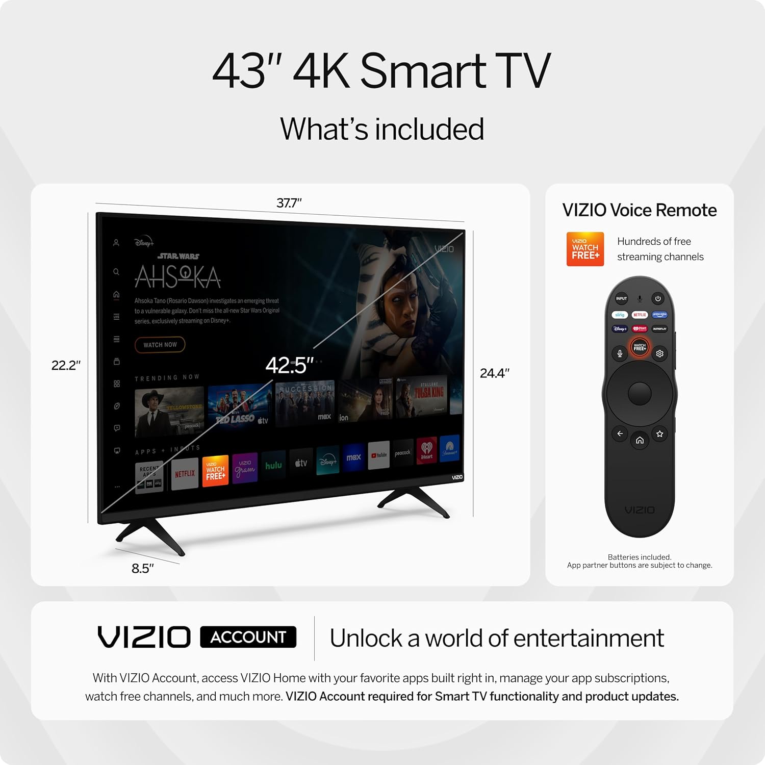 VIZIO 43-inch 4K UHD LED Smart TV w/Dolby Vision HDR, WiFi 6, Bluetooth Headphone Capable, Apple AirPlay, Google Cast Built-in (V4K43M-08, New) · v3