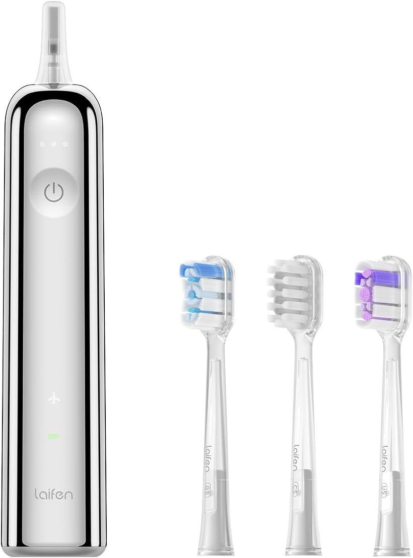 Laifen Wave Elektrikli Diş Fırçası, 3 Fırça Başlı Yetişkinler İçin Salınım Titreşim Sonik Elektrikli Diş Fırçası, IPX7 Suya Dayanıklı Manyetik Şarj Edilebilir Seyahat Elektrikli Diş Fırçası (Paslanmaz Çelik)