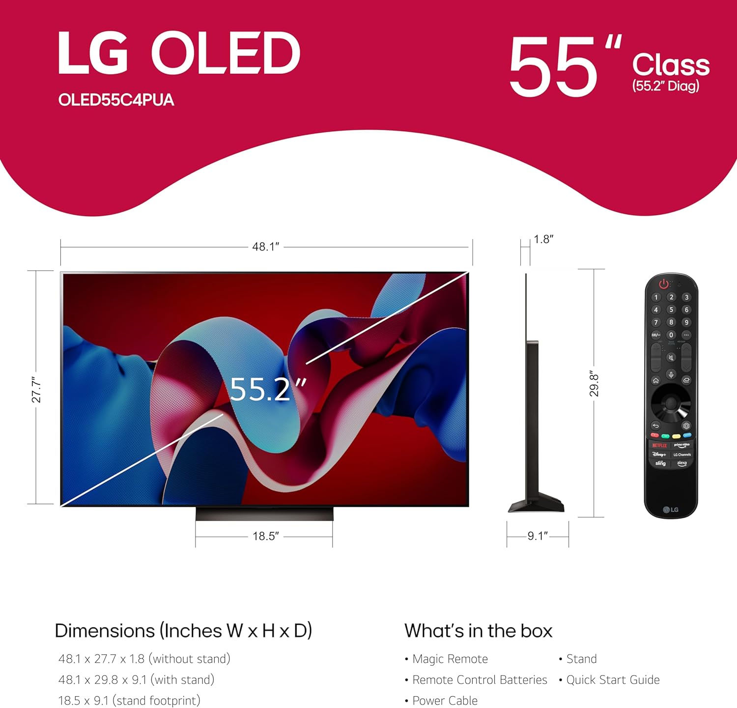 LG 55 นิ้ว Class OLED evo C4 Series Smart TV โปรเซสเซอร์ 4K จอแบนพร้อม Magic Remote ขับเคลื่อนด้วย AI พร้อม Alexa ในตัว (OLED55C4PUA, 2024)