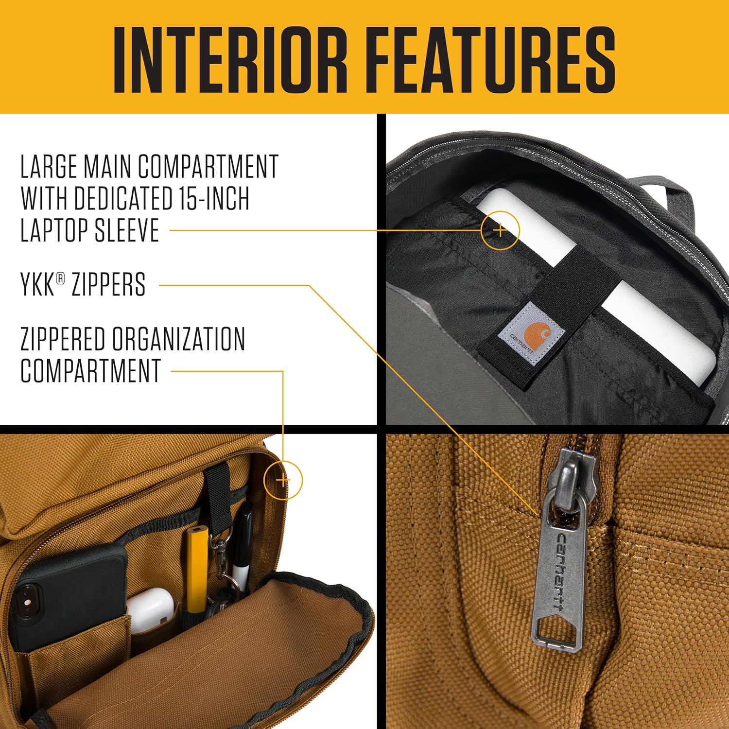 Zaino Carhartt a scomparto singolo e durevole con custodia per laptop e base resistente all'abrasione Duravax, zaino classico da 27 litri (nero), taglia unica