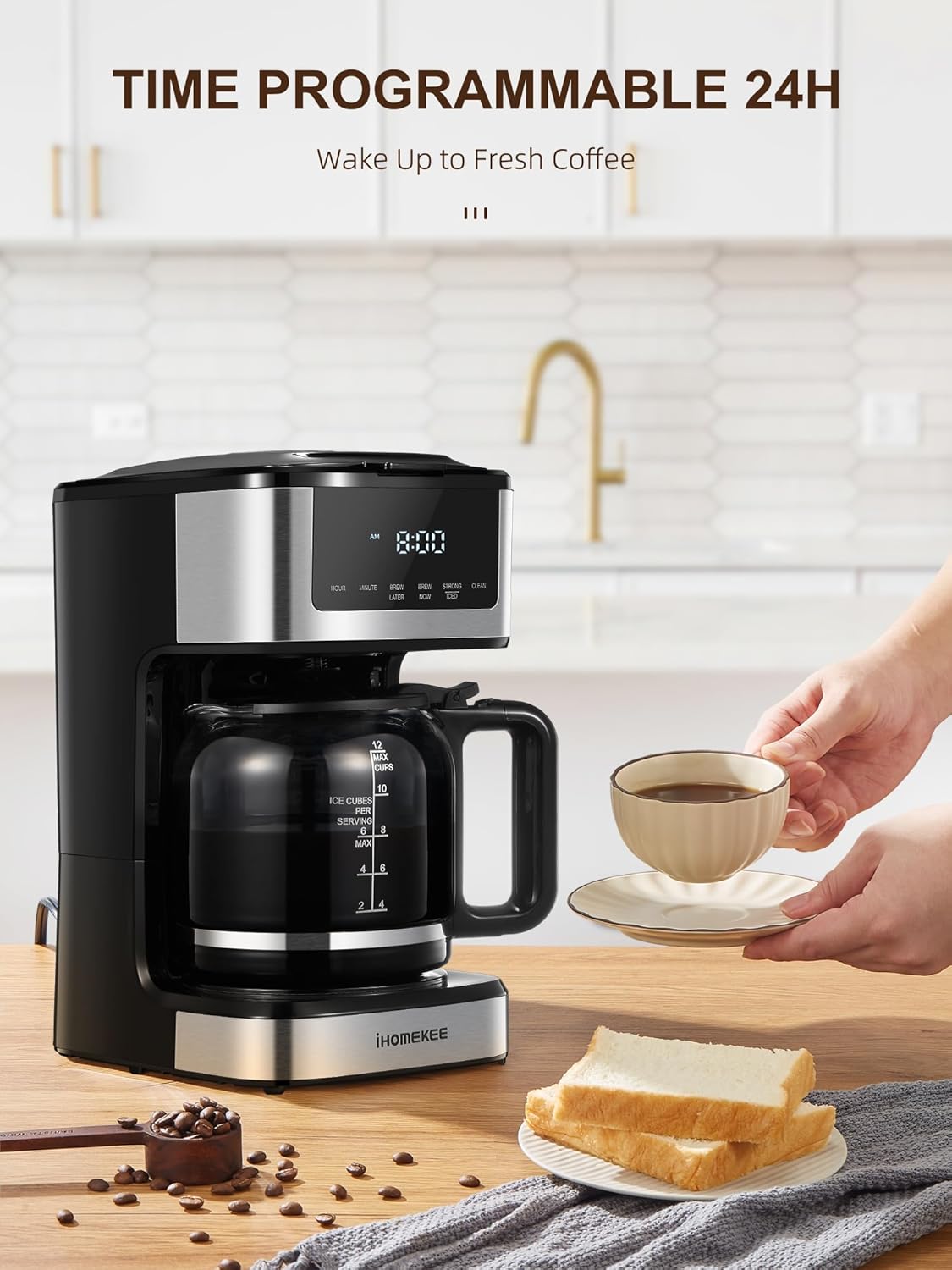 เครื่องชงกาแฟแบบหยด 12 ถ้วยพร้อมฟังก์ชันชงกาแฟเย็น หน้าจอสัมผัส ชงกาแฟเข้มข้นปกติ เครื่องชงกาแฟสำหรับบ้านและสำนักงาน ฟังก์ชันปิดเครื่องอัตโนมัติ