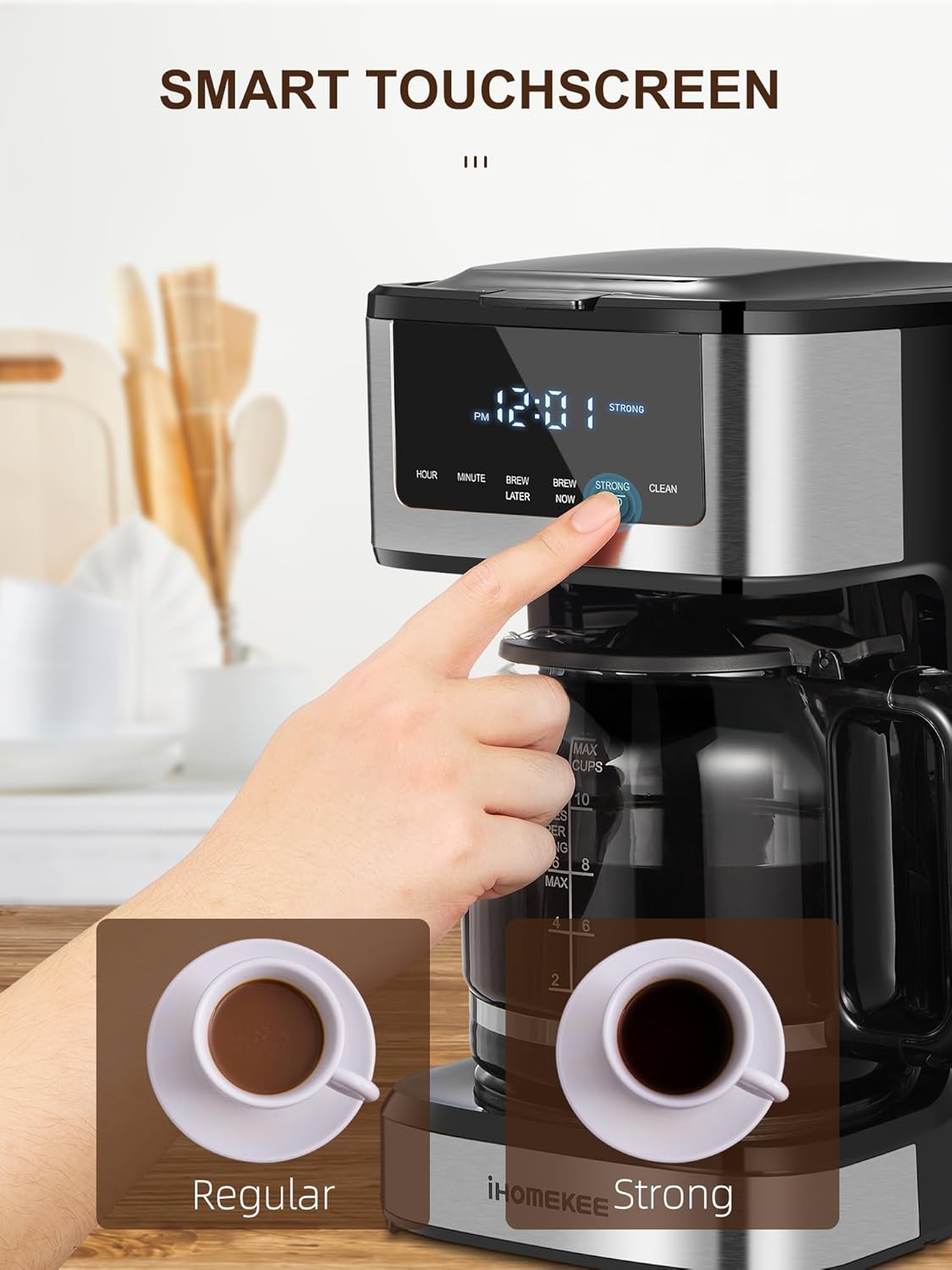 เครื่องชงกาแฟแบบหยด 12 ถ้วยพร้อมฟังก์ชันชงกาแฟเย็น หน้าจอสัมผัส ชงกาแฟเข้มข้นปกติ เครื่องชงกาแฟสำหรับบ้านและสำนักงาน ฟังก์ชันปิดเครื่องอัตโนมัติ