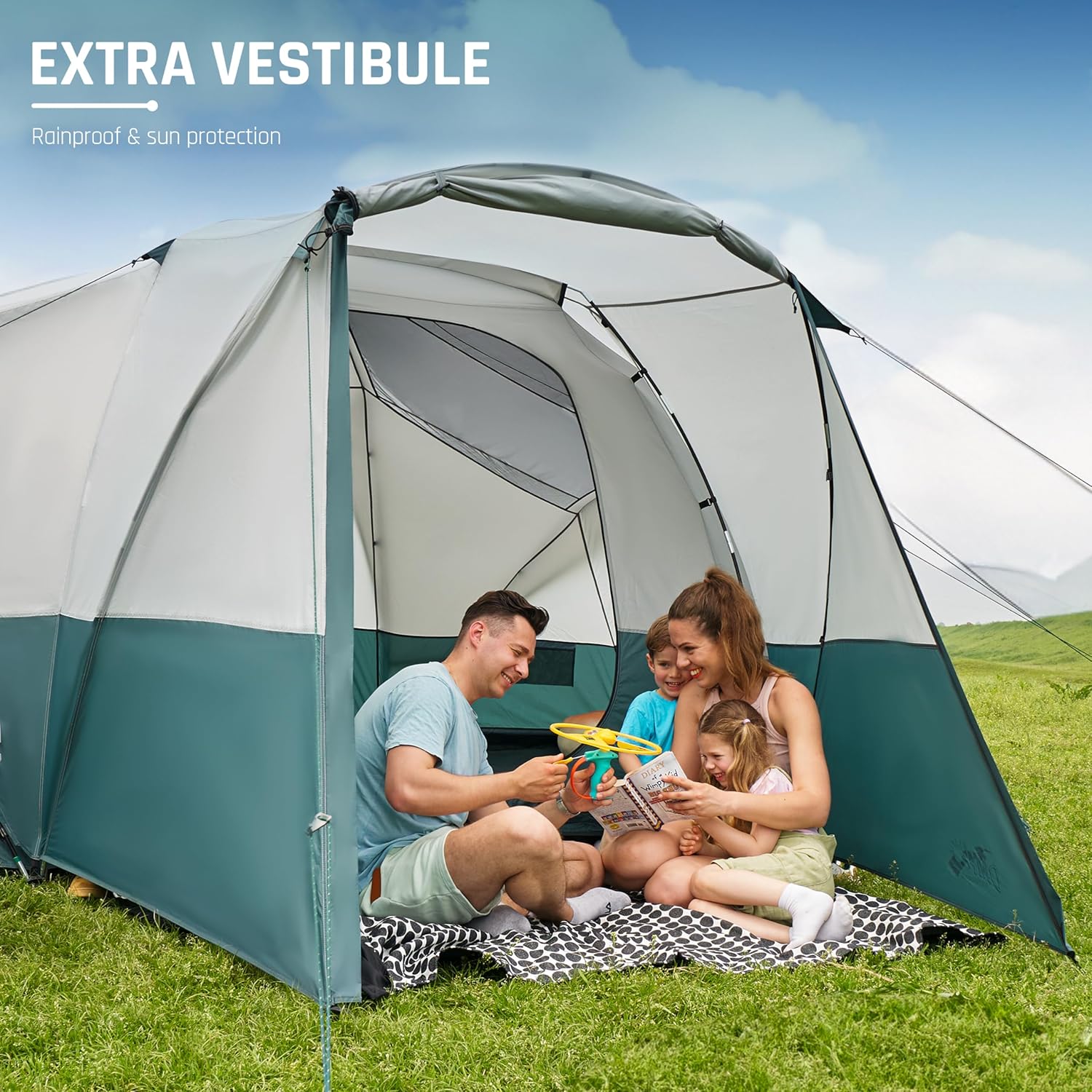 Campingzelt für 8/10/11 Personen mit Veranda, Familienzelte zum Campen, Großes Kuppeltunnelzelt inklusive Regenfliege, einfach aufzustellende große Zelte für Outdoor-Camping, reflektierendes winddichtes Seil, großer Vestibül
