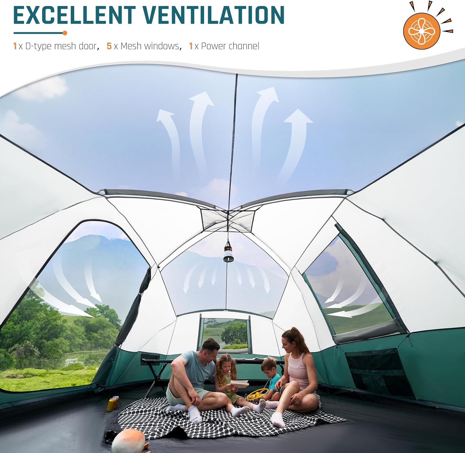 Campingzelt für 8/10/11 Personen mit Veranda, Familienzelte zum Campen, Großes Kuppeltunnelzelt inklusive Regenfliege, einfach aufzustellende große Zelte für Outdoor-Camping, reflektierendes winddichtes Seil, großer Vestibül