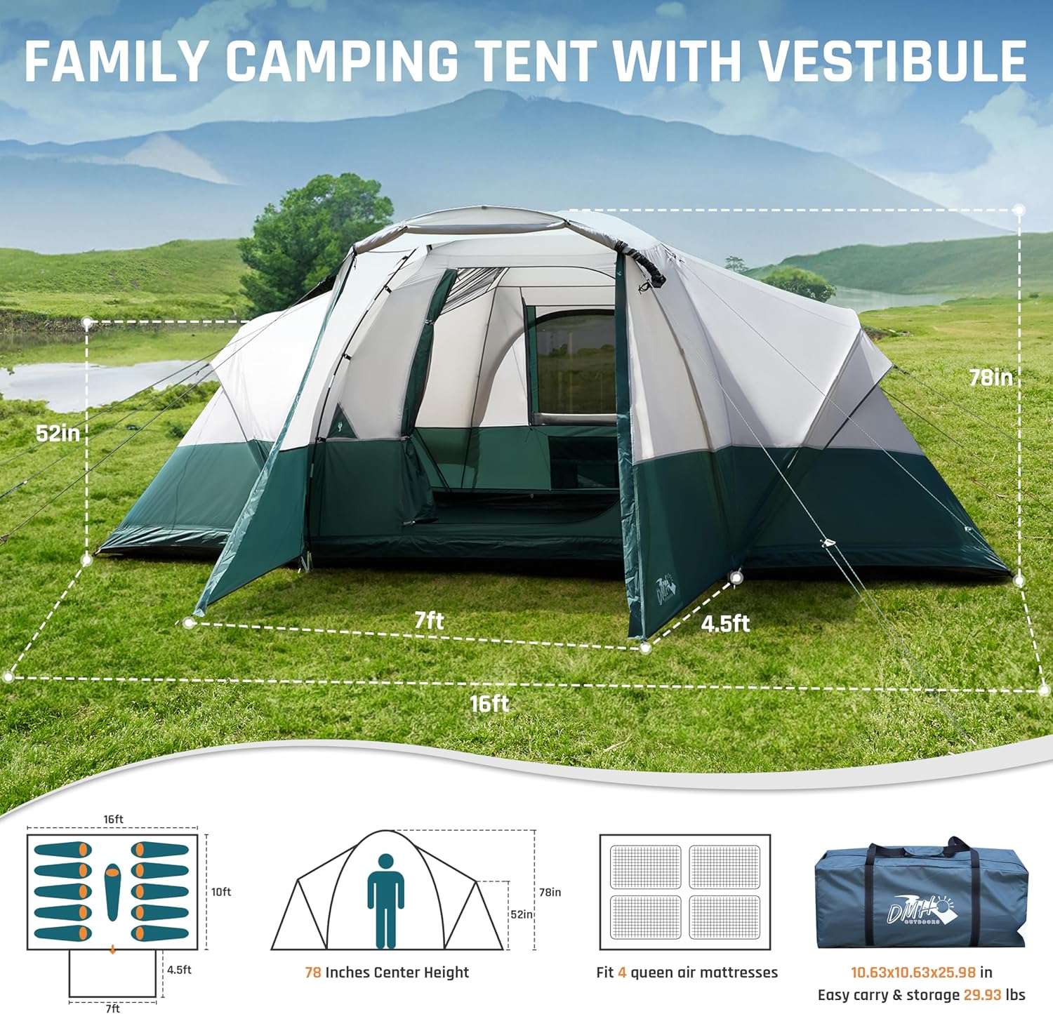 Campingzelt für 8/10/11 Personen mit Veranda, Familienzelte zum Campen, Großes Kuppeltunnelzelt inklusive Regenfliege, einfach aufzustellende große Zelte für Outdoor-Camping, reflektierendes winddichtes Seil, großer Vestibül